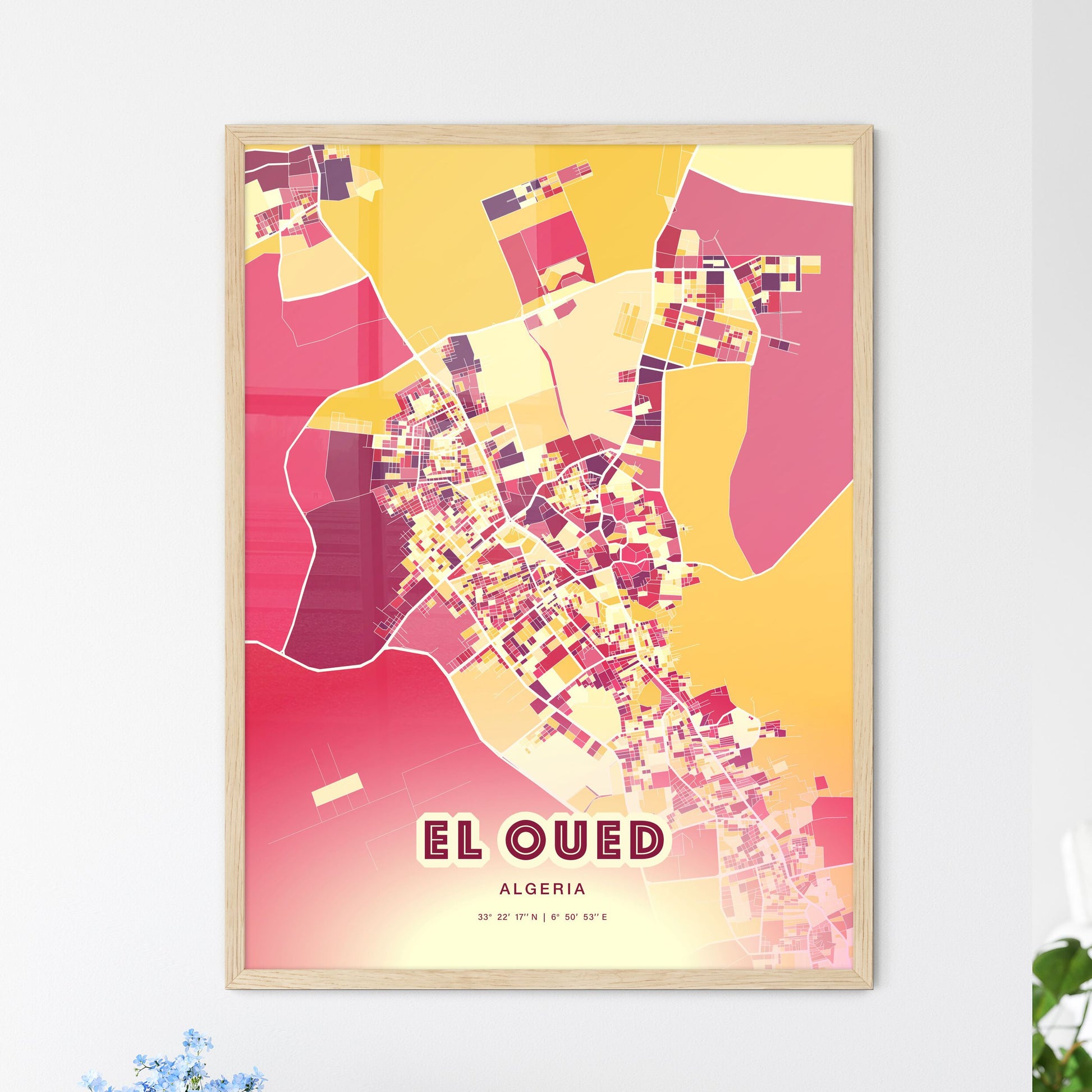 Colorful EL OUED ALGERIA Fine Art Map Hot Red