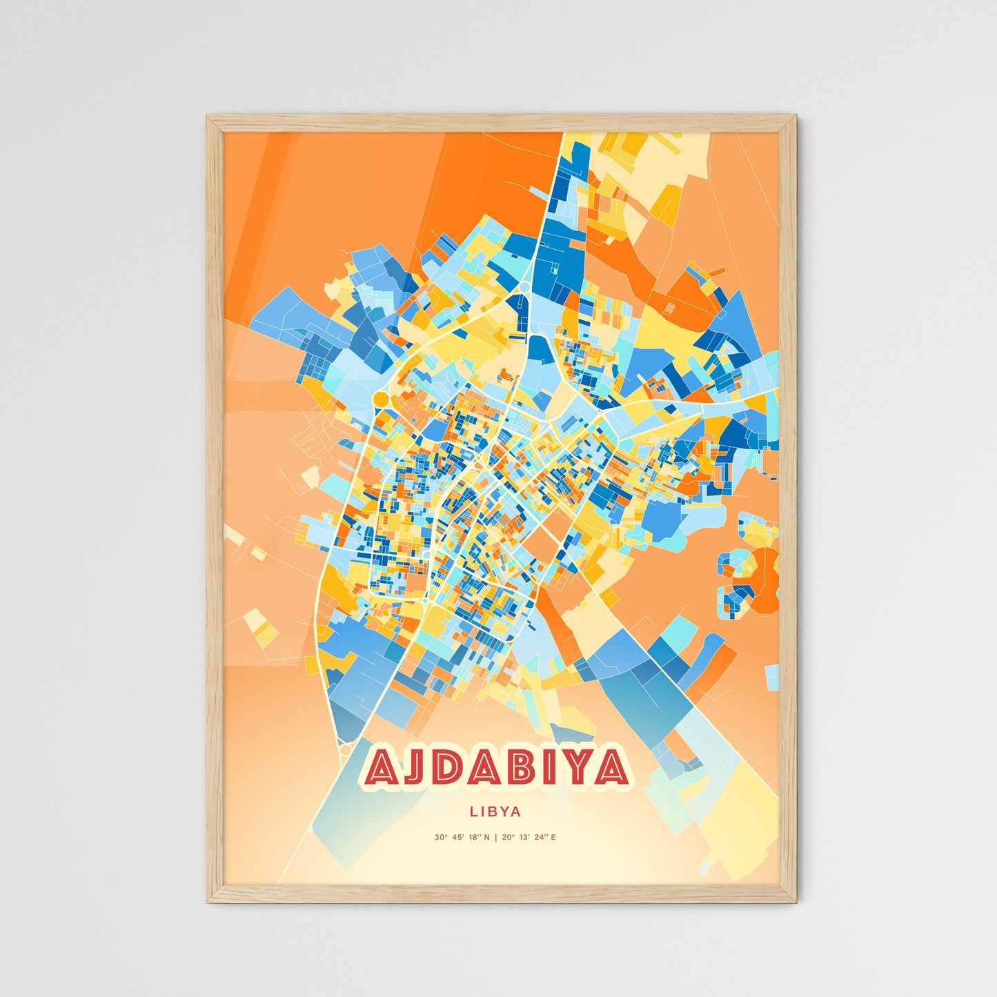 Colorful AJDABIYA LIBYA Fine Art Map Blue Orange