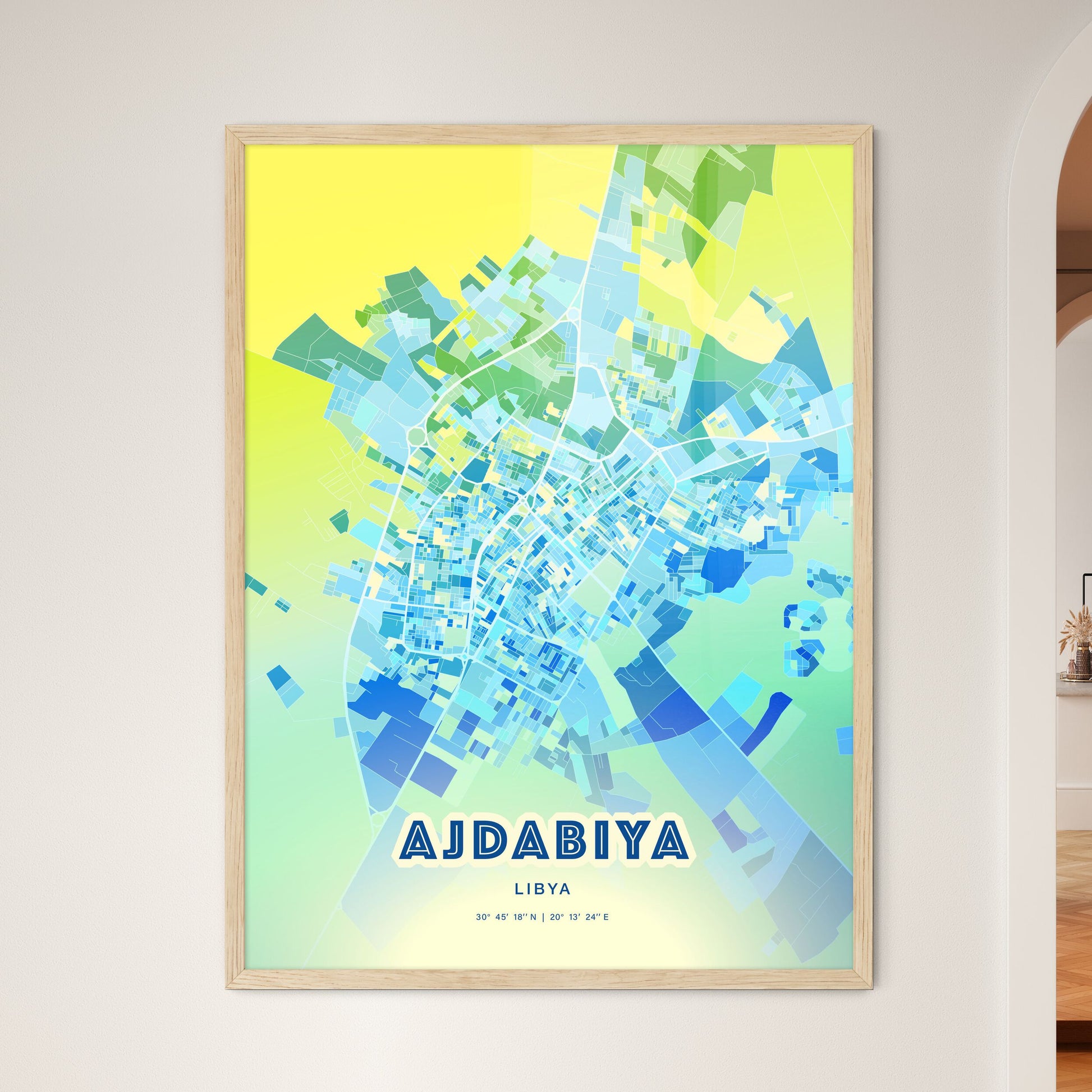 Colorful AJDABIYA LIBYA Fine Art Map Cool Blue