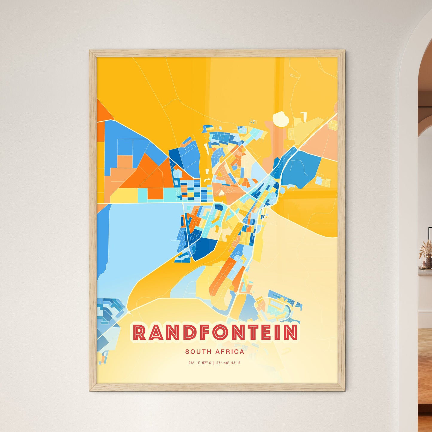 Colorful RANDFONTEIN SOUTH AFRICA Fine Art Map Blue Orange