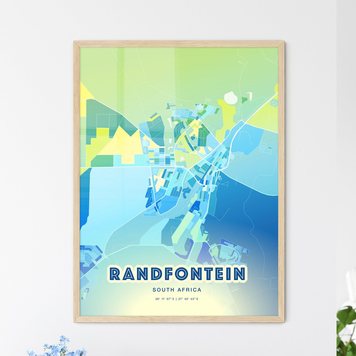 Colorful RANDFONTEIN SOUTH AFRICA Fine Art Map Cool Blue