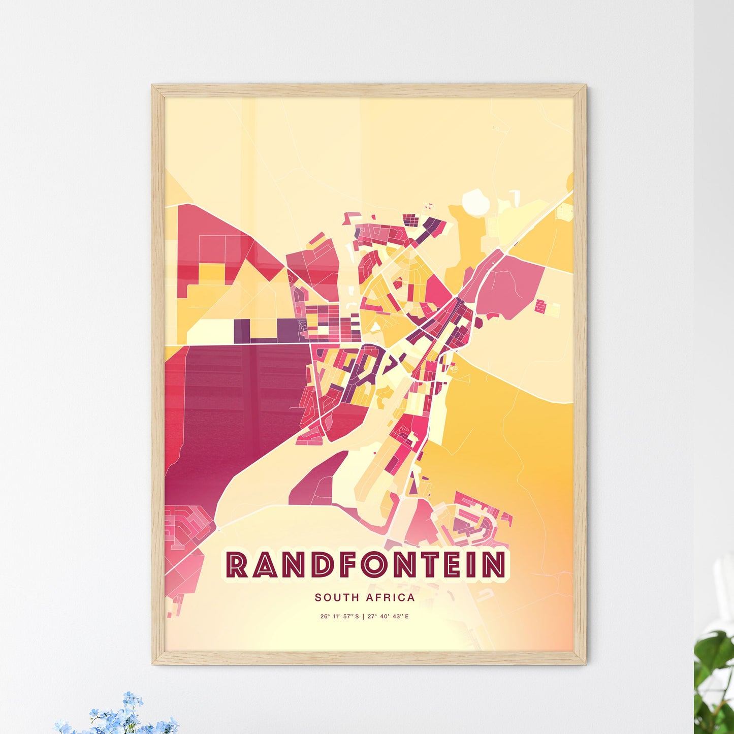 Colorful RANDFONTEIN SOUTH AFRICA Fine Art Map Hot Red