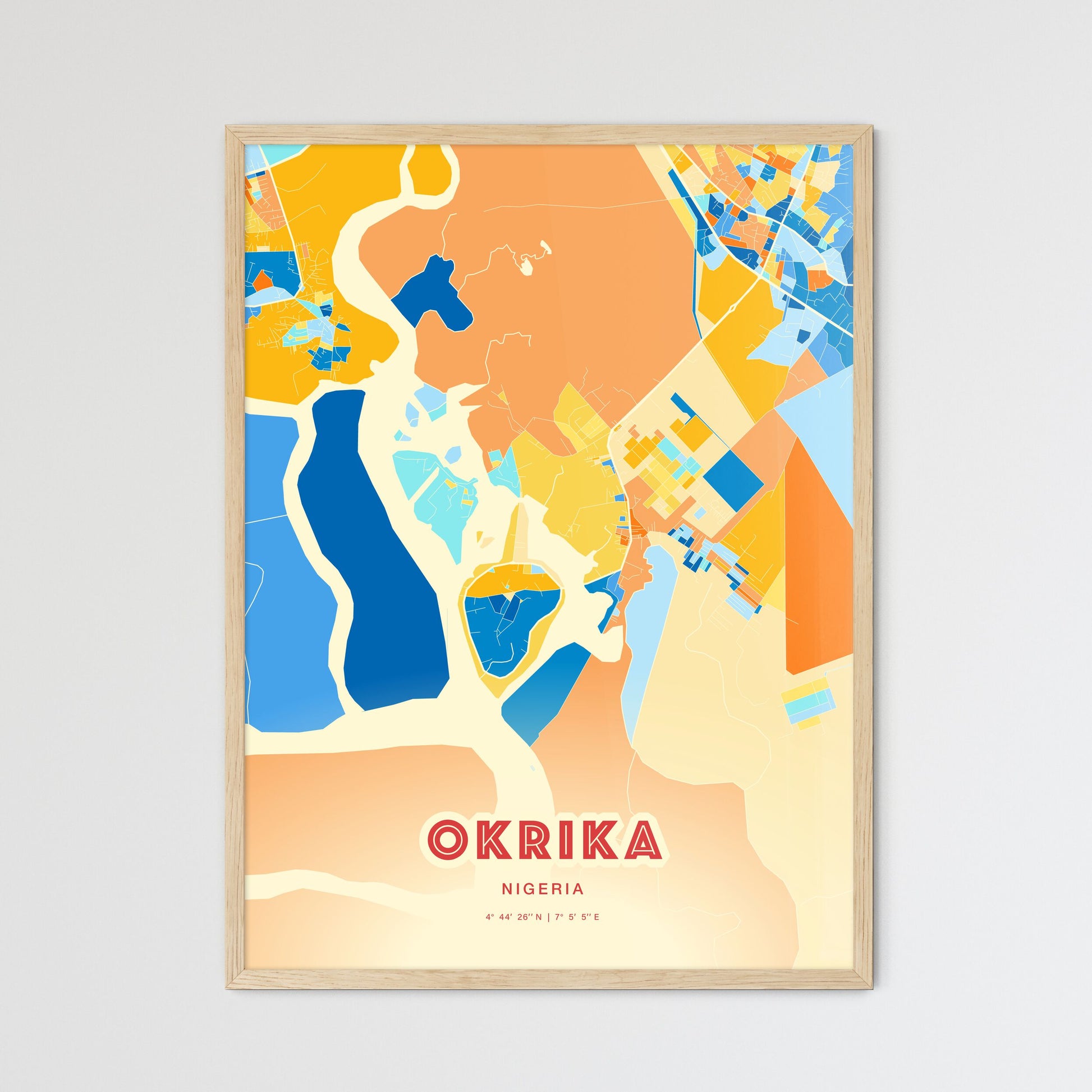 Colorful OKRIKA NIGERIA Fine Art Map Blue Orange