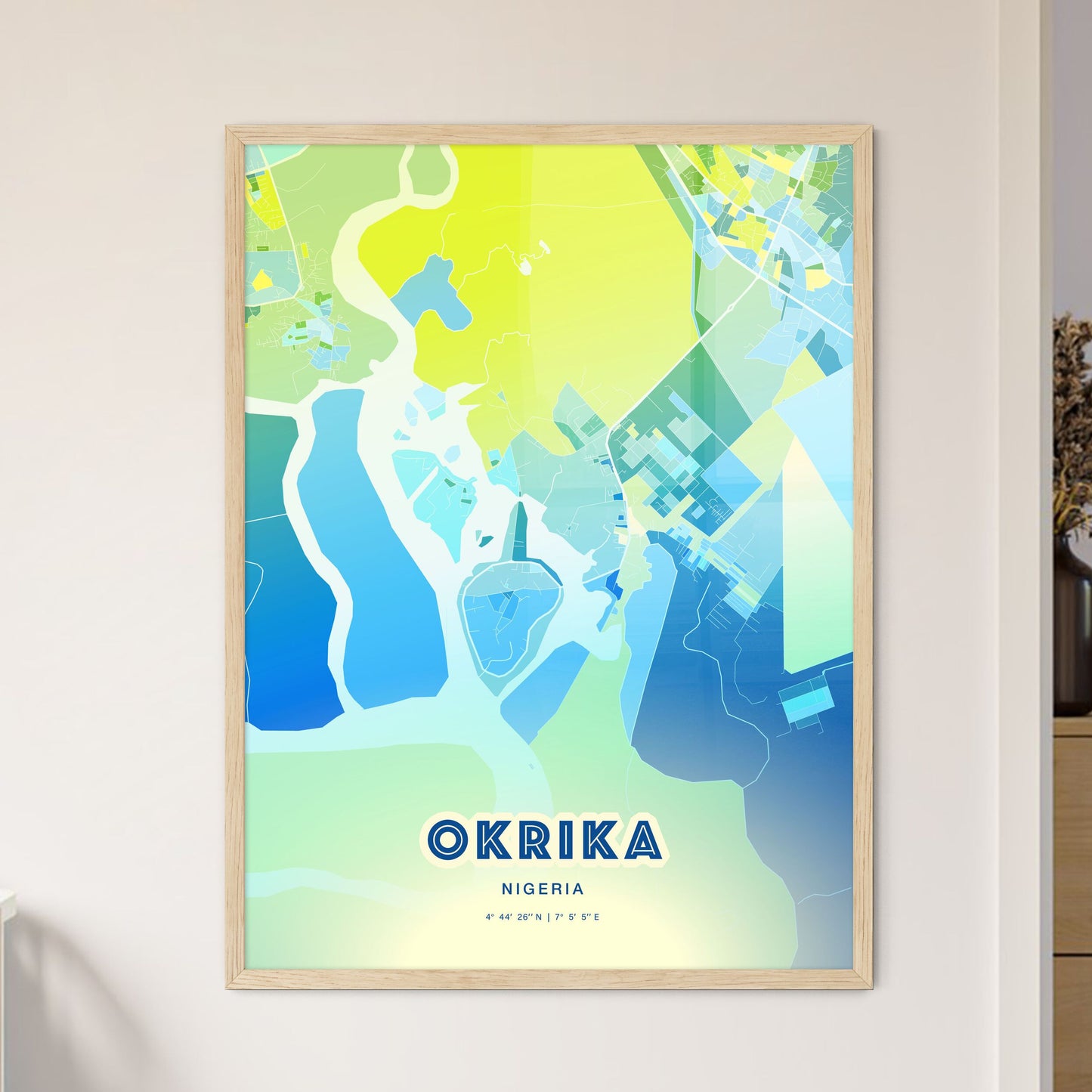 Colorful OKRIKA NIGERIA Fine Art Map Cool Blue