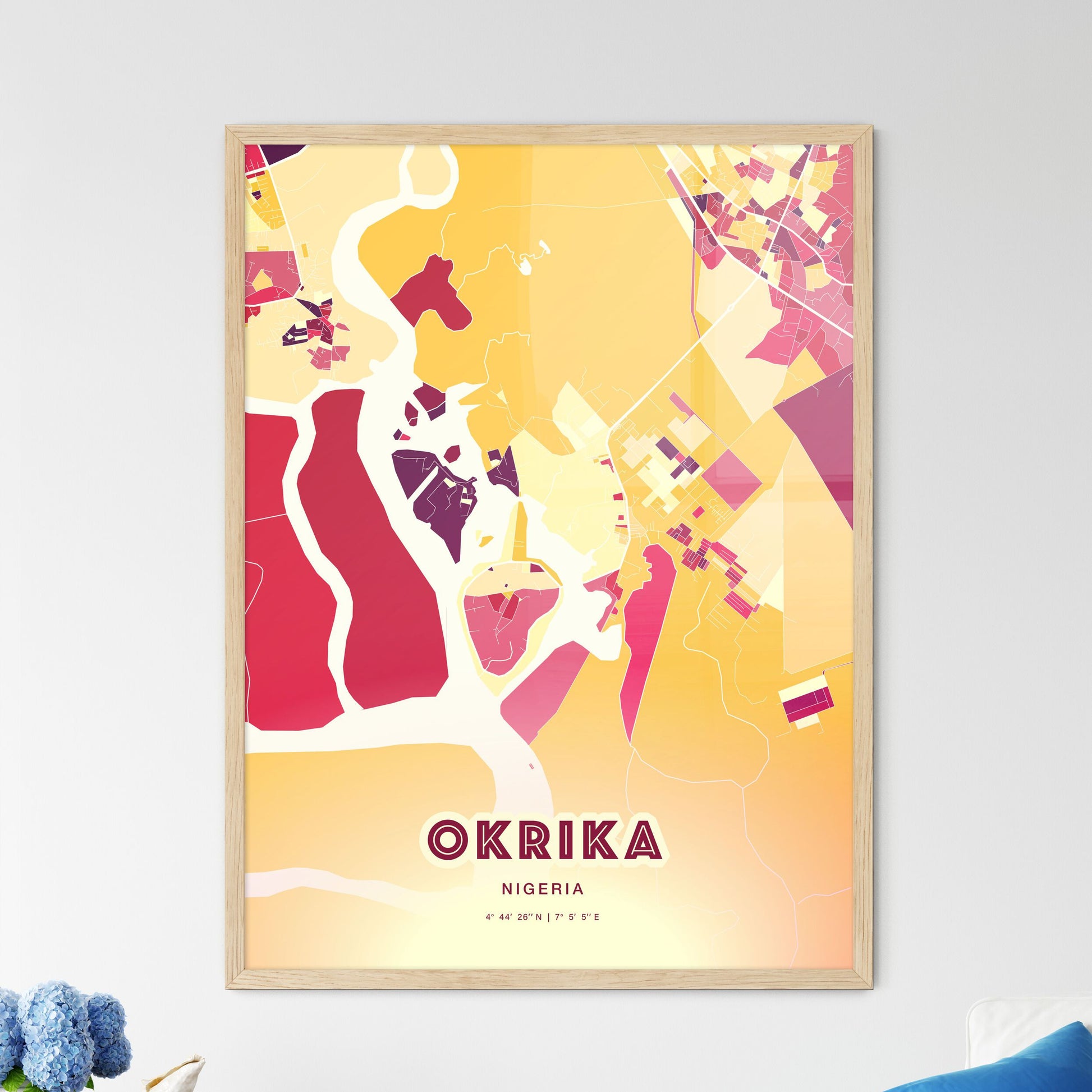 Colorful OKRIKA NIGERIA Fine Art Map Hot Red