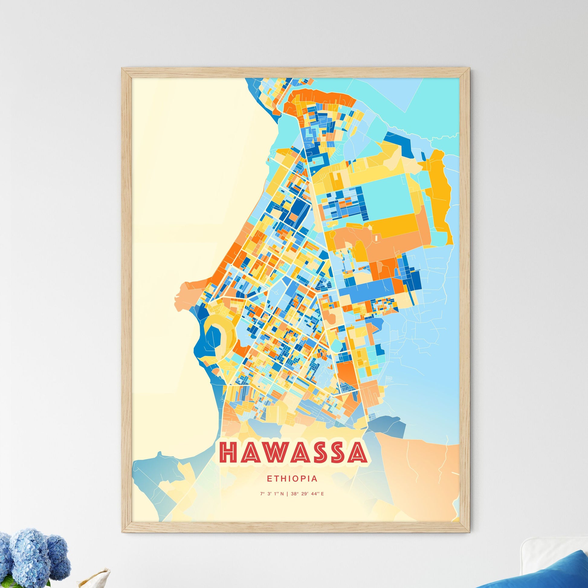 Colorful HAWASSA ETHIOPIA Fine Art Map Blue Orange