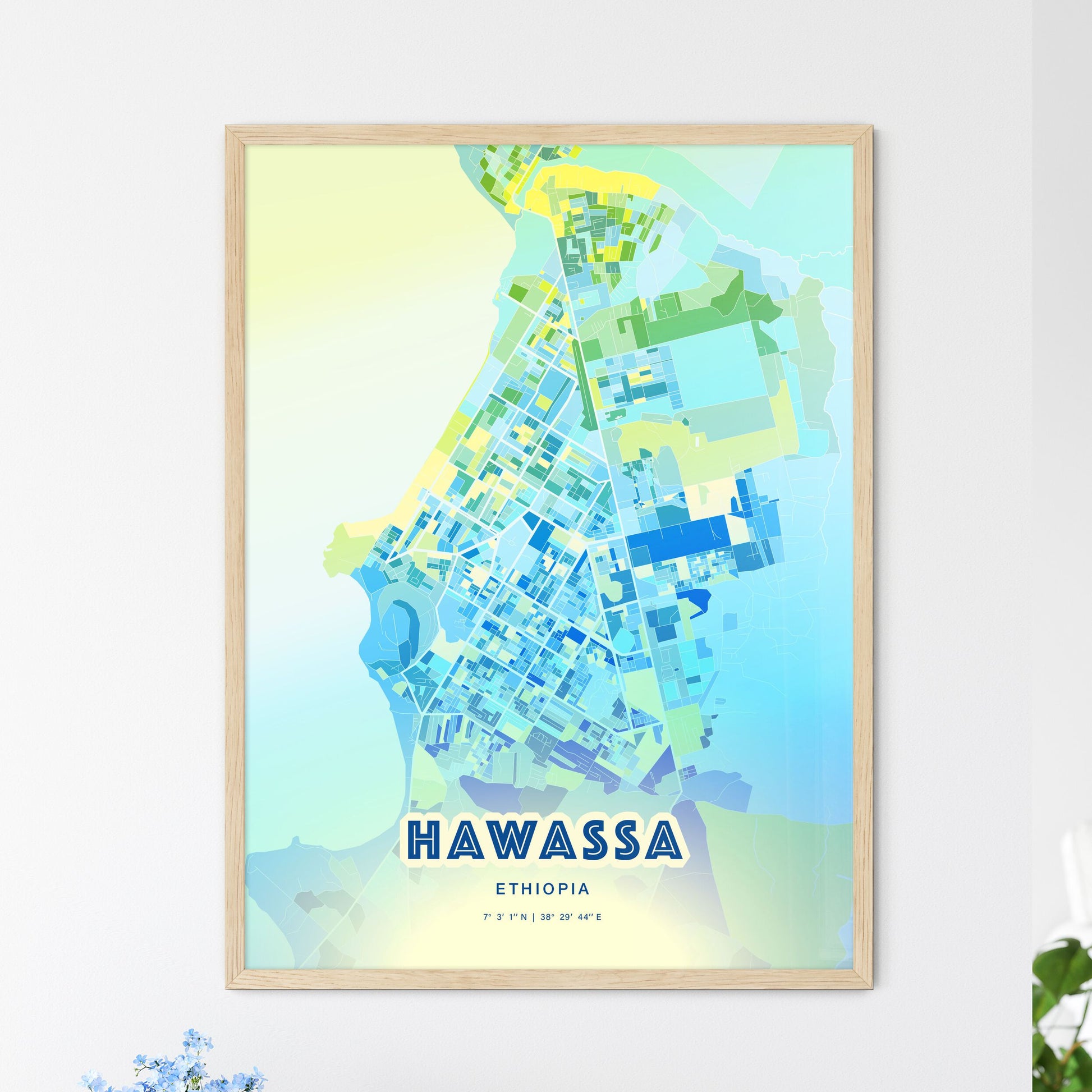 Colorful HAWASSA ETHIOPIA Fine Art Map Cool Blue