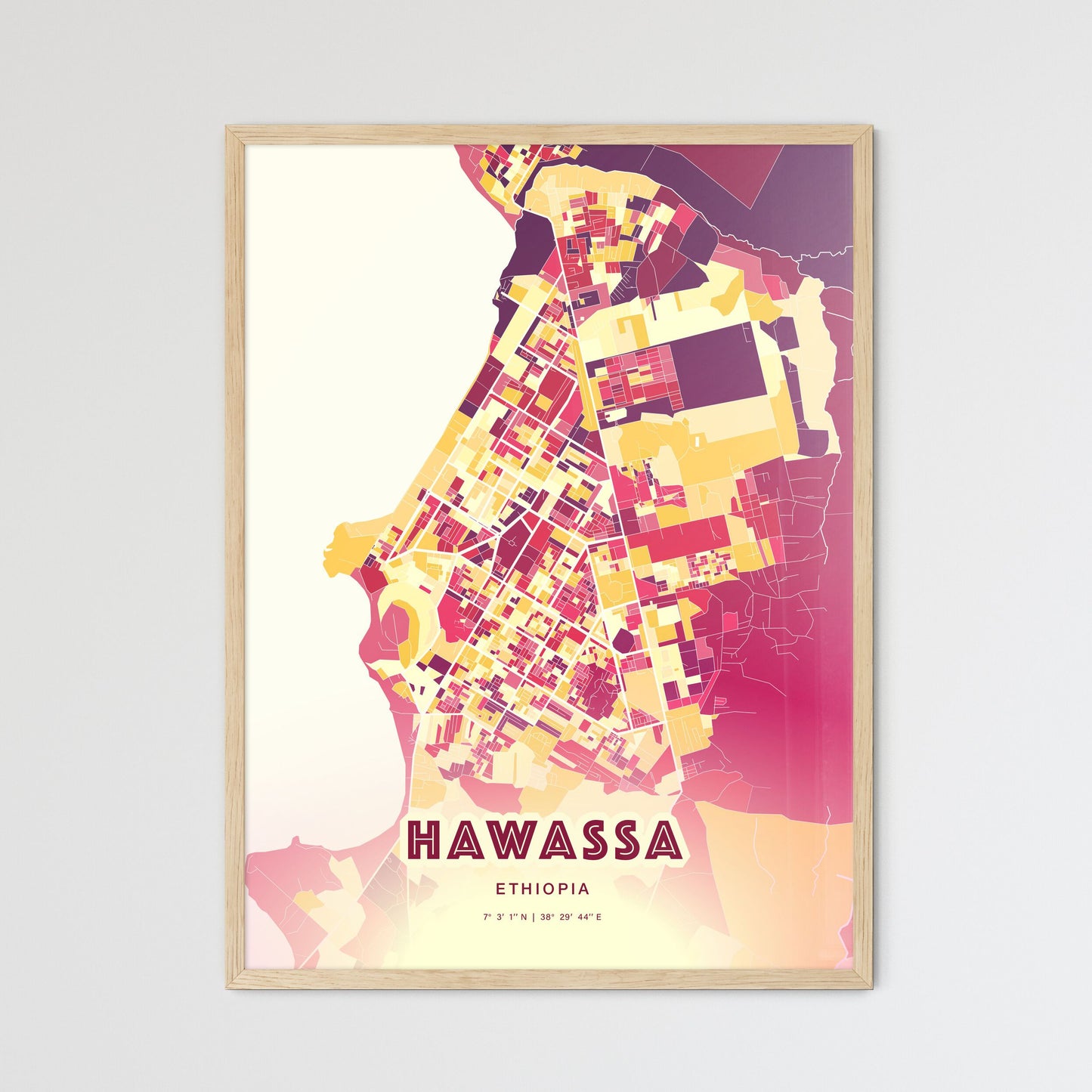 Colorful HAWASSA ETHIOPIA Fine Art Map Hot Red