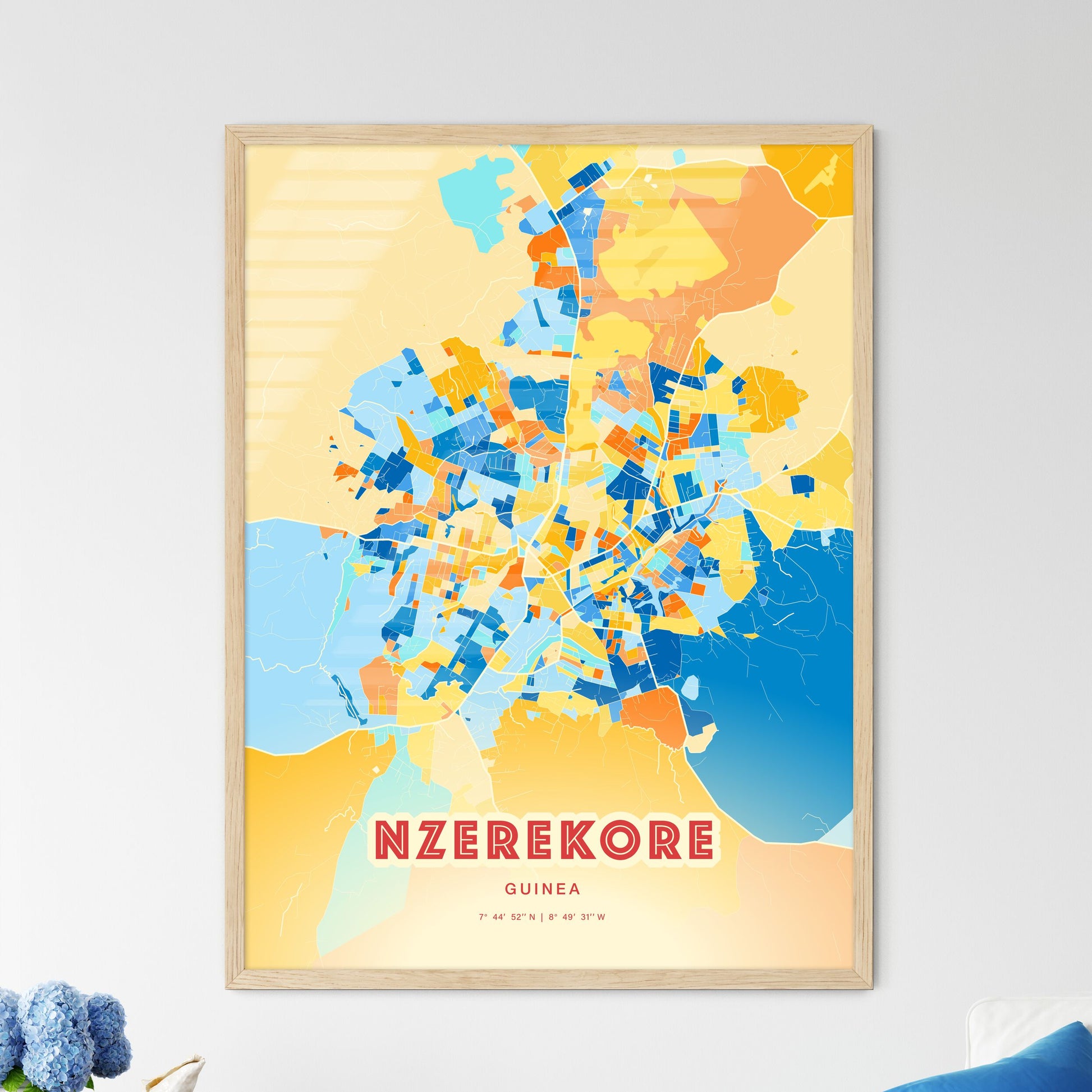 Colorful NZEREKORE GUINEA Fine Art Map Blue Orange