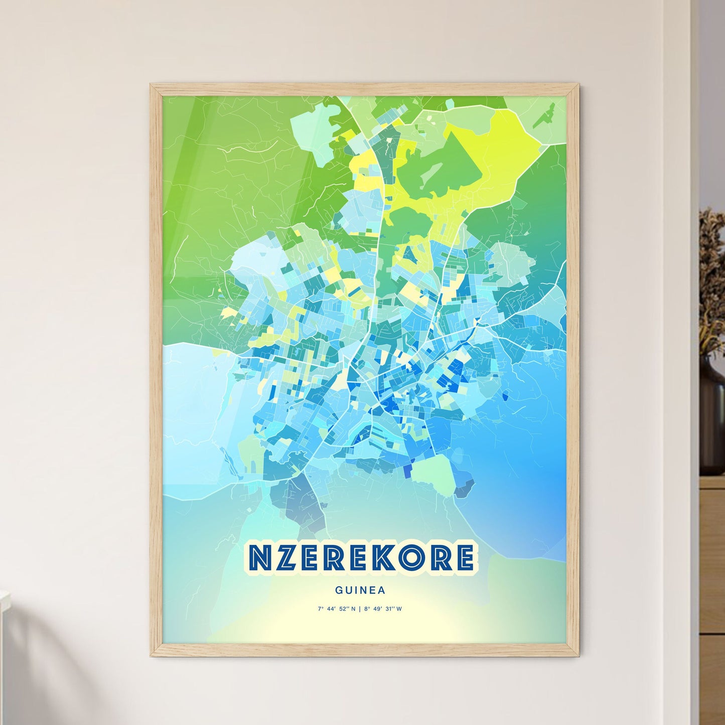 Colorful NZEREKORE GUINEA Fine Art Map Cool Blue