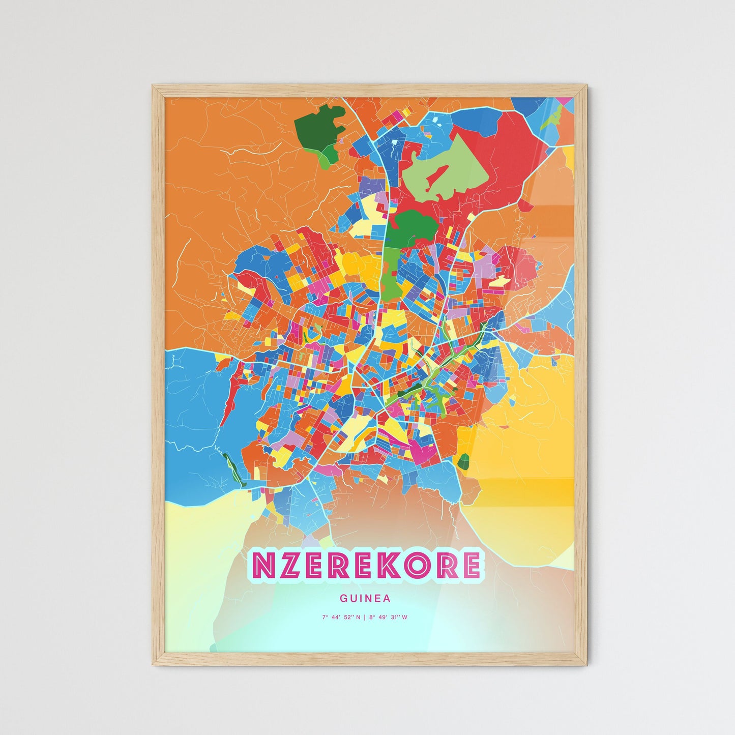 Colorful NZEREKORE GUINEA Fine Art Map Crazy Colors