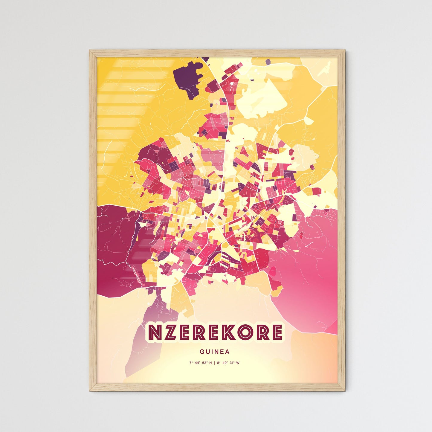 Colorful NZEREKORE GUINEA Fine Art Map Hot Red