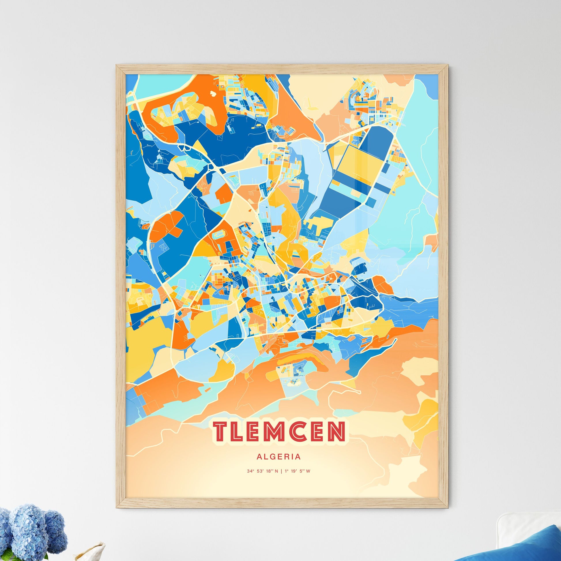 Colorful TLEMCEN ALGERIA Fine Art Map Blue Orange