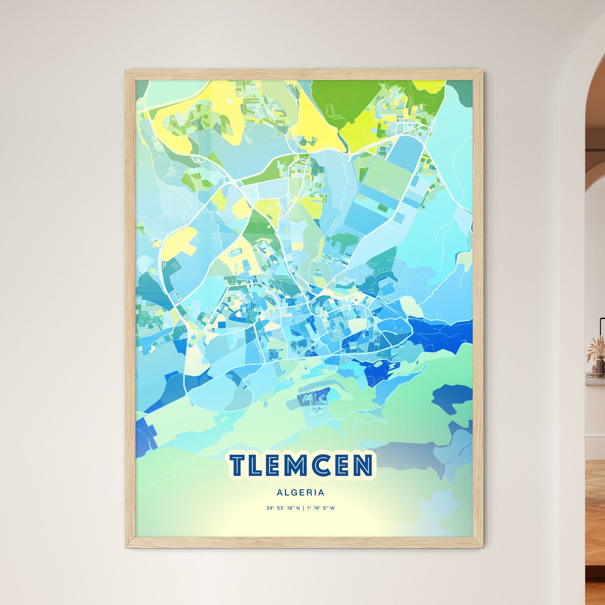 Colorful TLEMCEN ALGERIA Fine Art Map Cool Blue