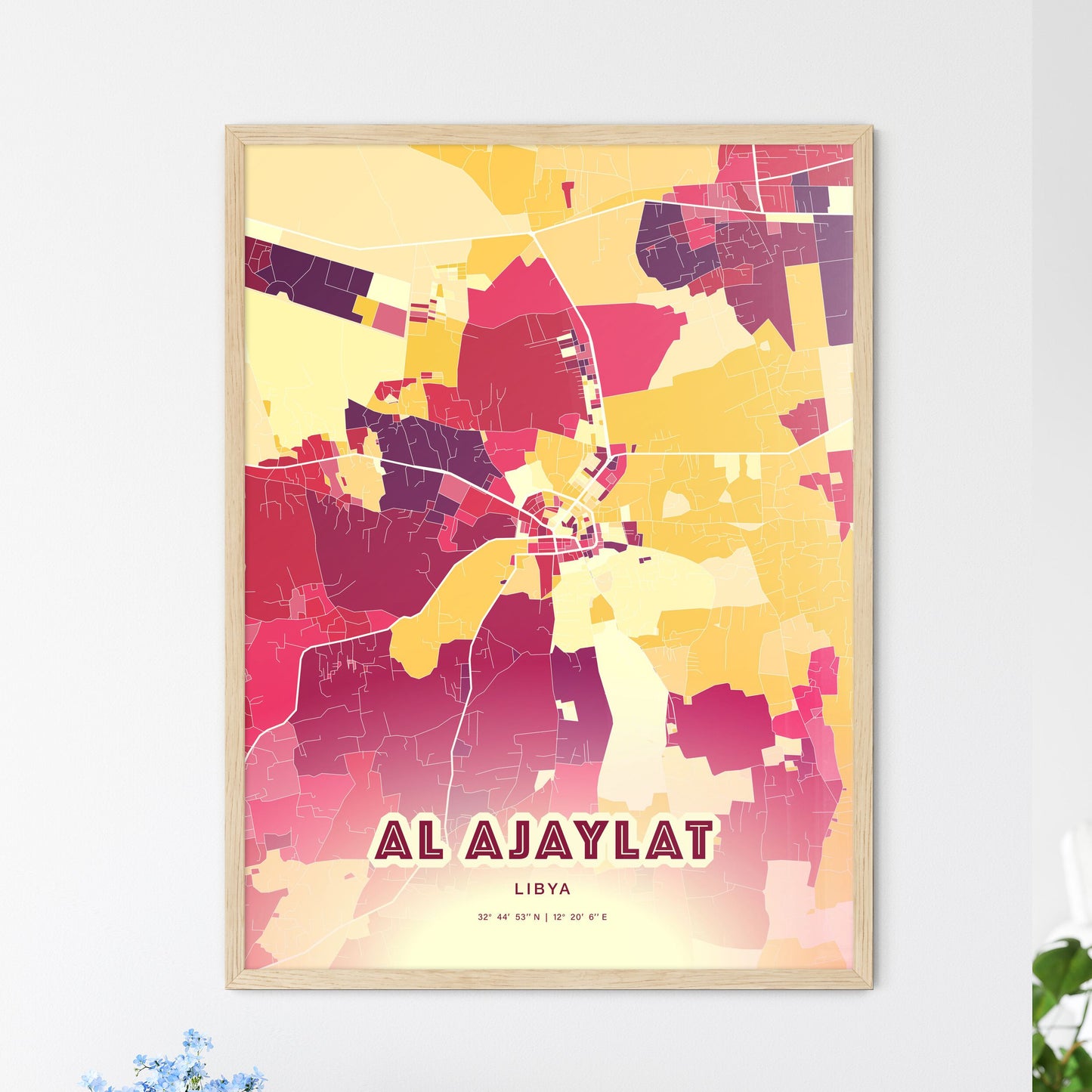 Colorful AL AJAYLAT LIBYA Fine Art Map Hot Red