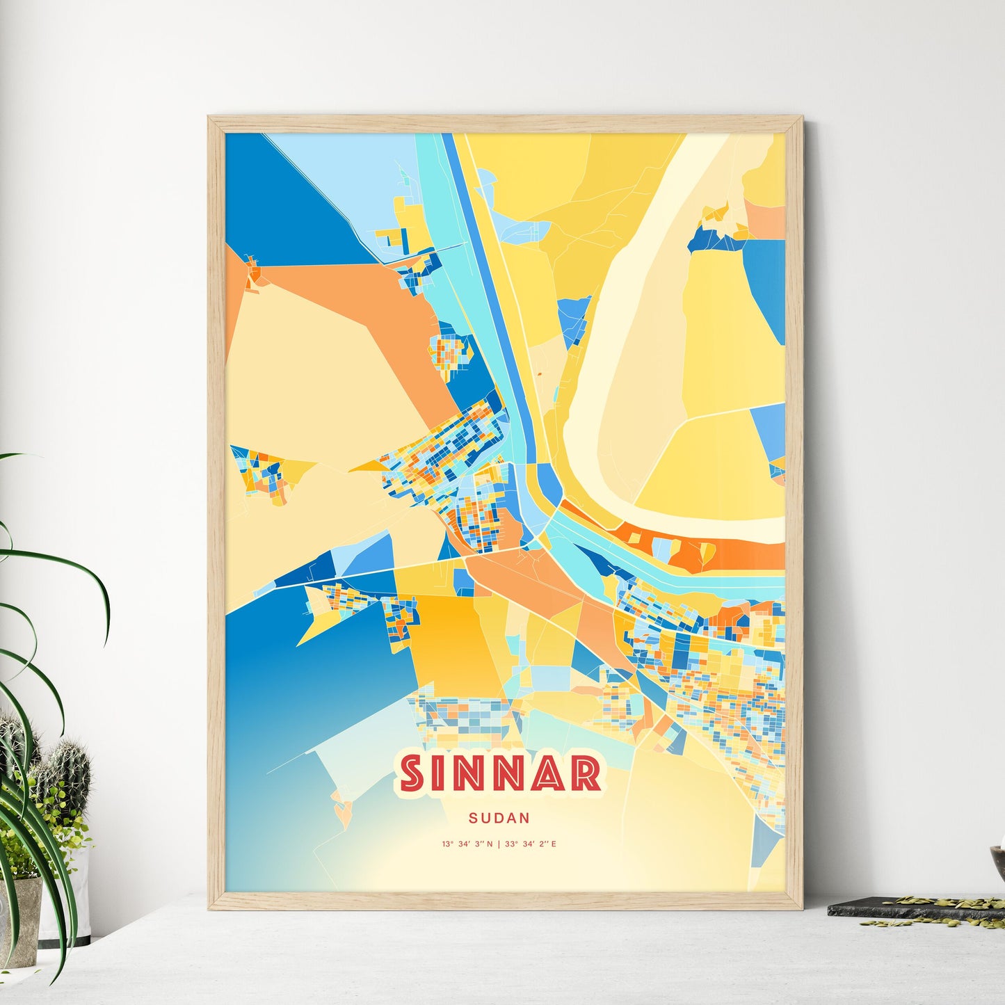 Colorful SINNAR SUDAN Fine Art Map Blue Orange