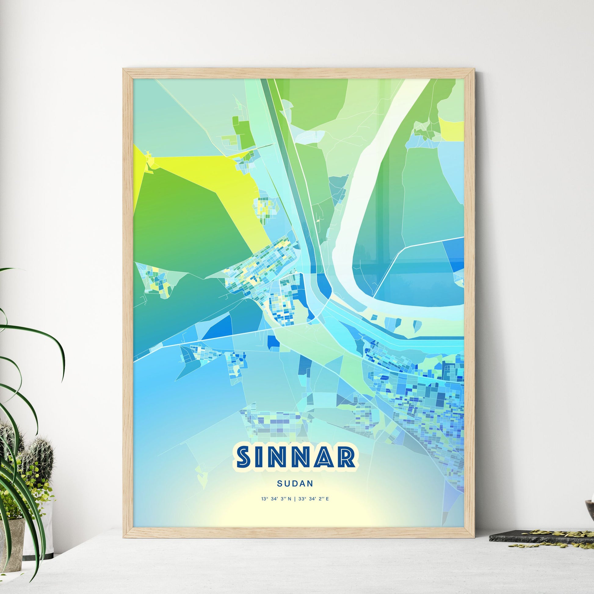 Colorful SINNAR SUDAN Fine Art Map Cool Blue