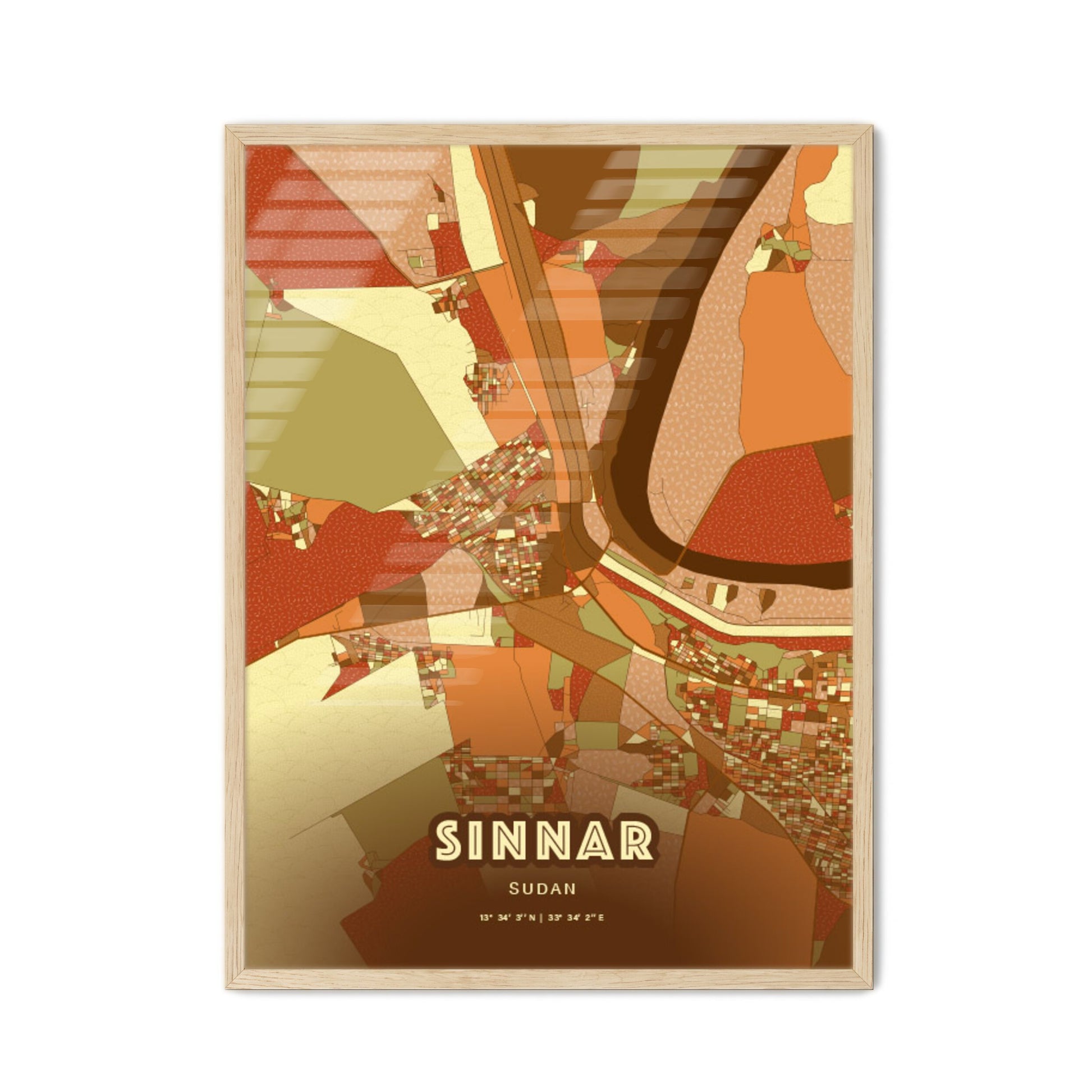 Colorful SINNAR SUDAN Fine Art Map Farmhouse