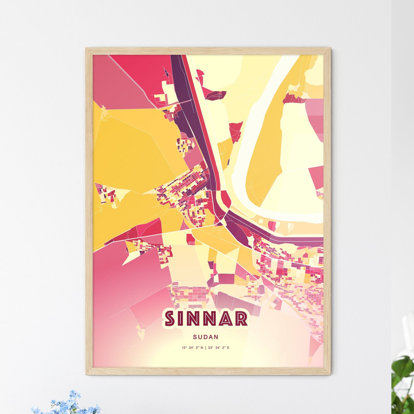 Colorful SINNAR SUDAN Fine Art Map Hot Red