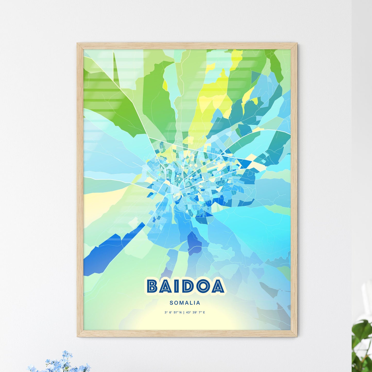 Colorful BAIDOA SOMALIA Fine Art Map Cool Blue