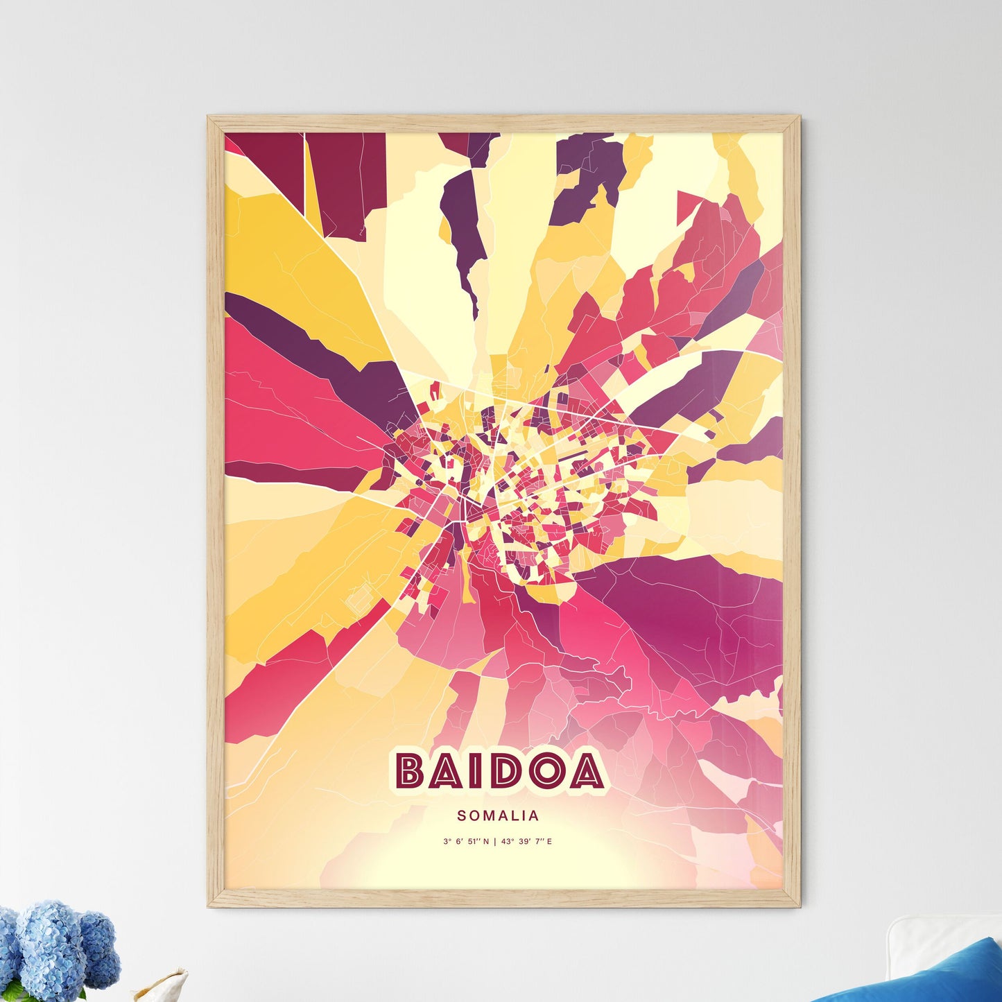 Colorful BAIDOA SOMALIA Fine Art Map Hot Red