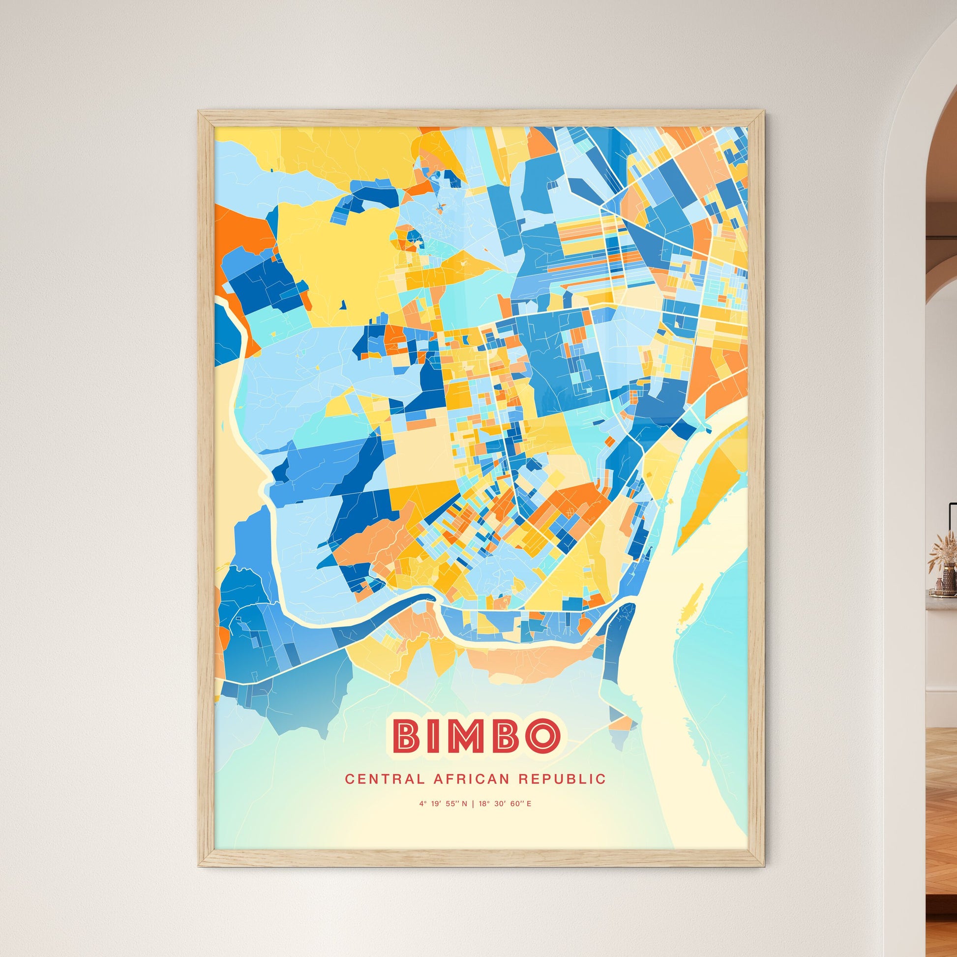 Colorful BIMBO CENTRAL AFRICAN REPUBLIC Fine Art Map Blue Orange