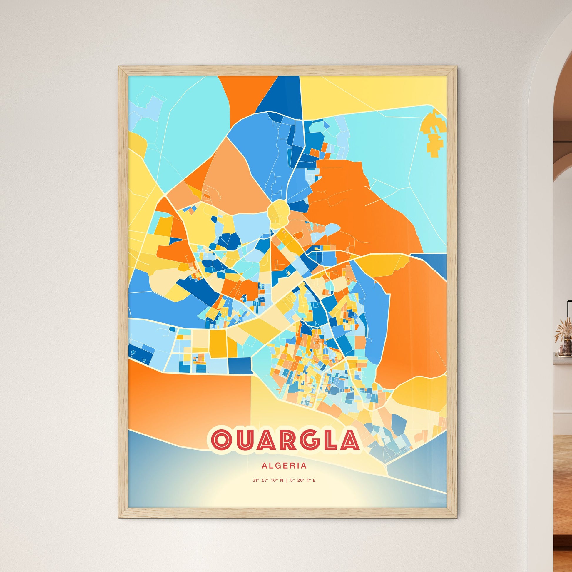 Colorful OUARGLA ALGERIA Fine Art Map Blue Orange