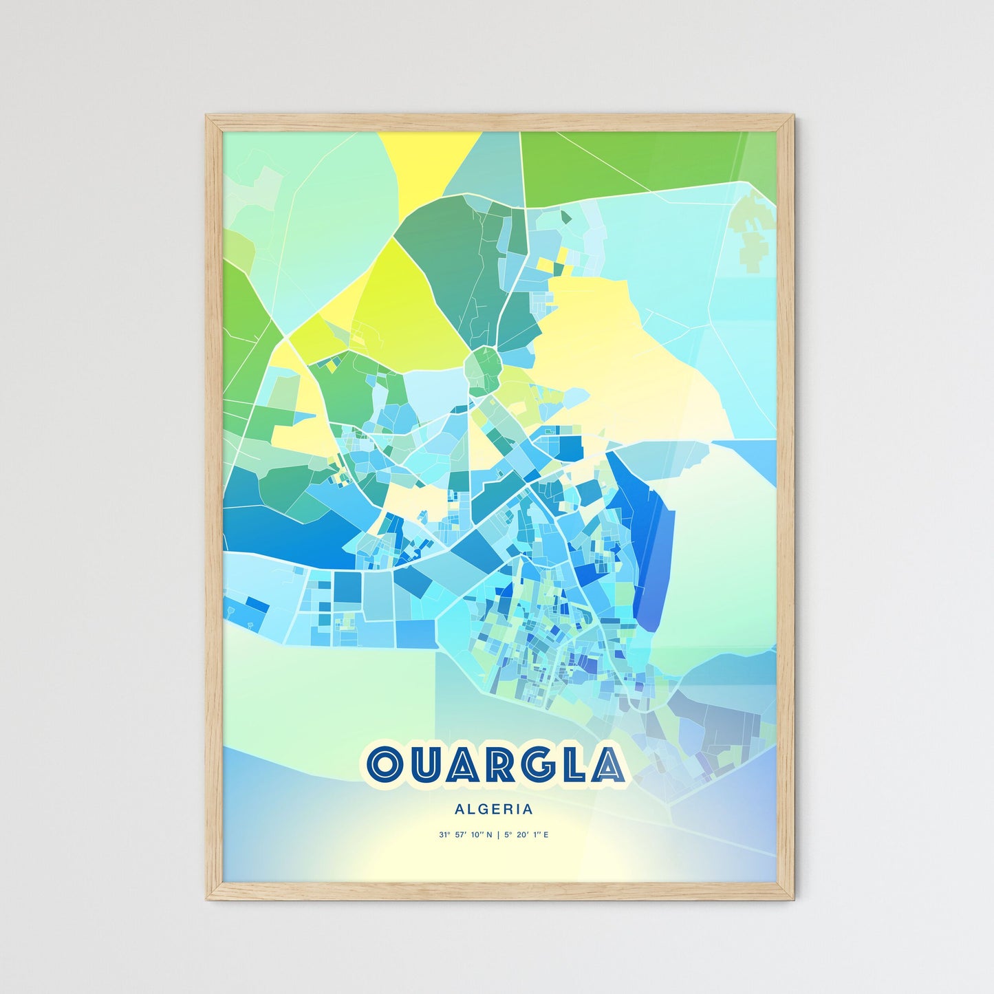 Colorful OUARGLA ALGERIA Fine Art Map Cool Blue