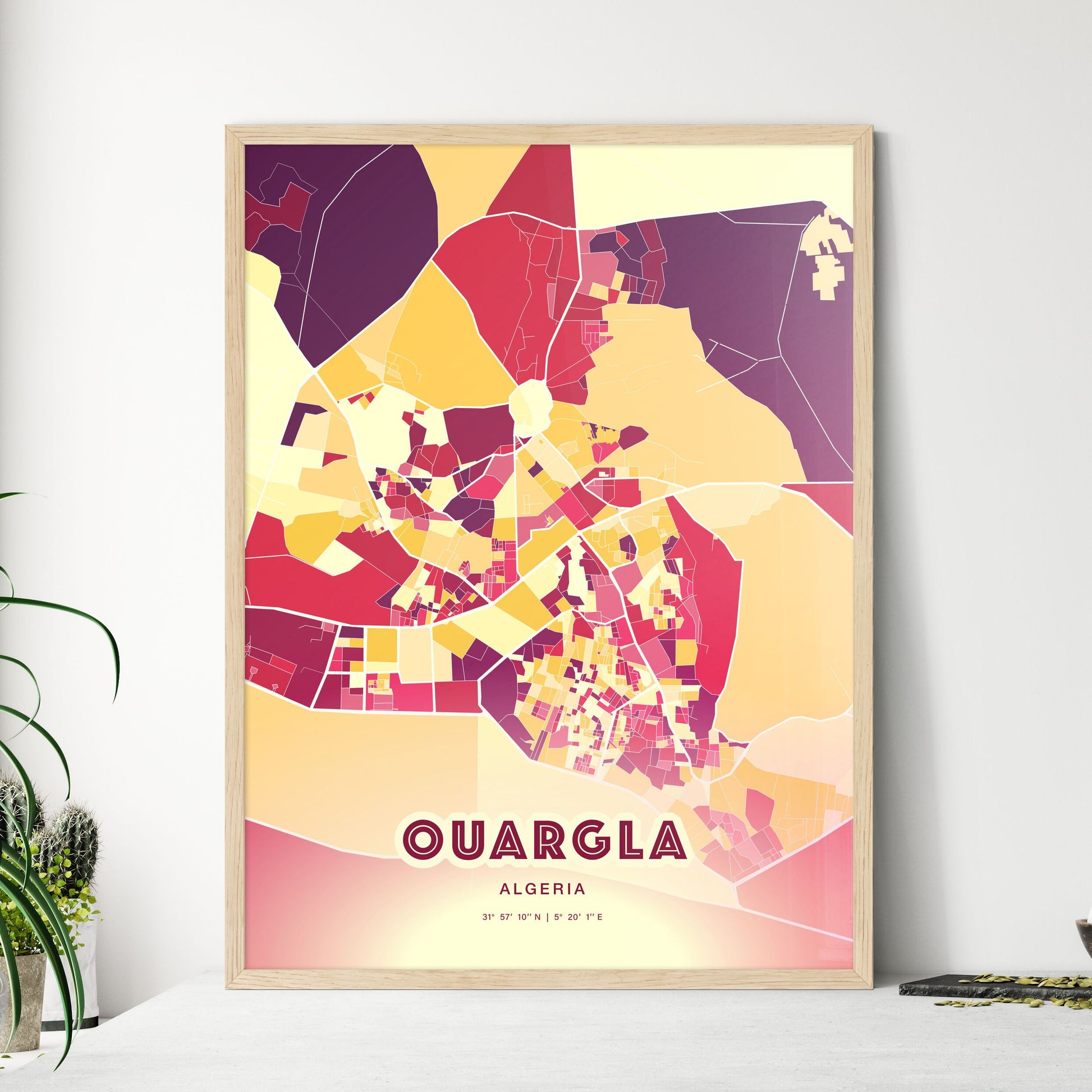 Colorful OUARGLA ALGERIA Fine Art Map Hot Red