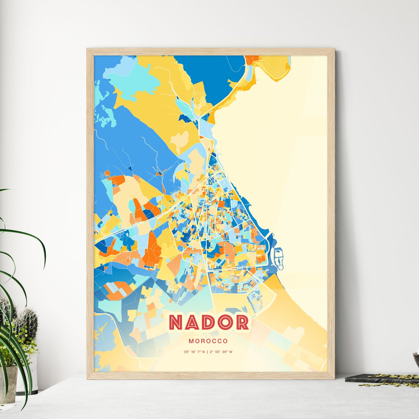 Colorful NADOR MOROCCO Fine Art Map Blue Orange