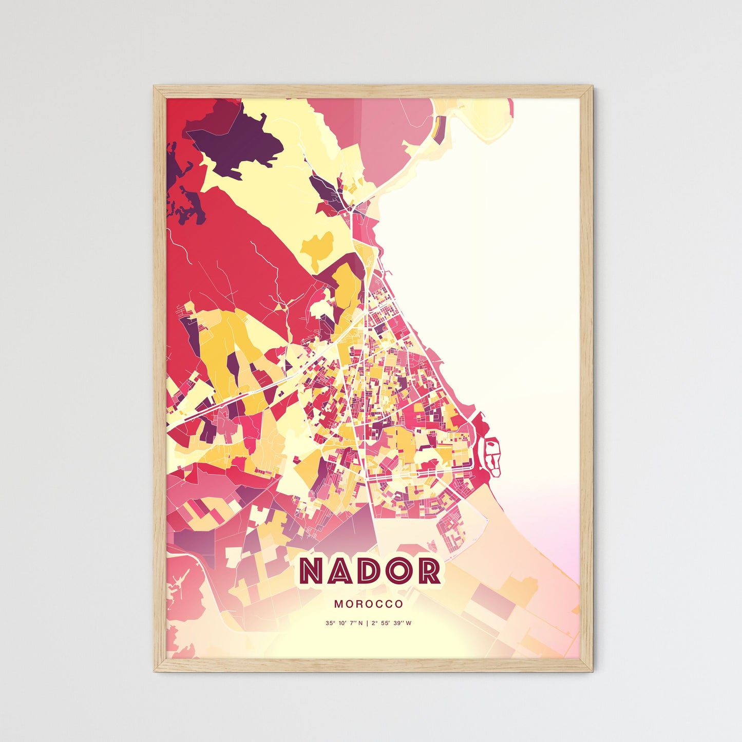 Colorful NADOR MOROCCO Fine Art Map Hot Red