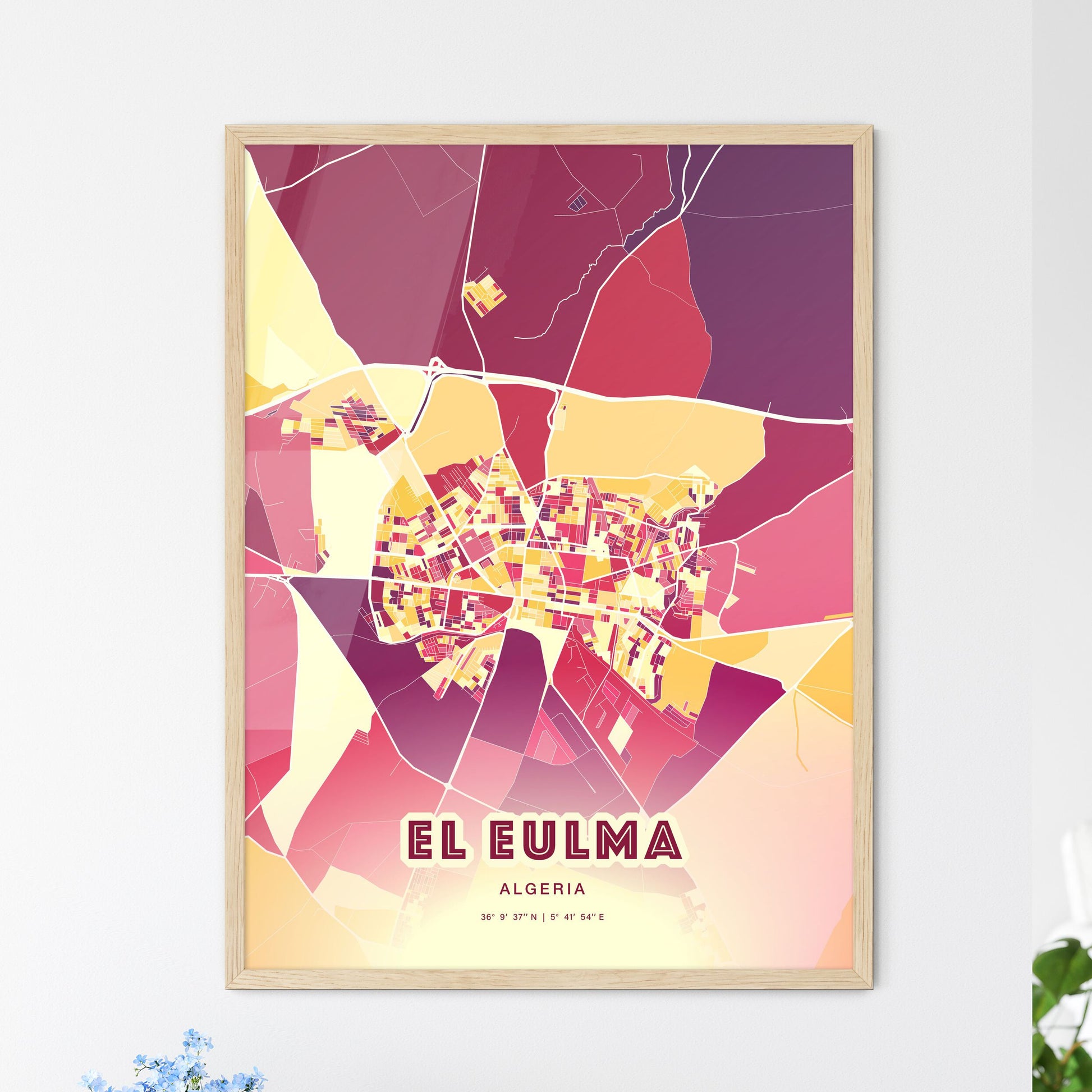 Colorful EL EULMA ALGERIA Fine Art Map Hot Red