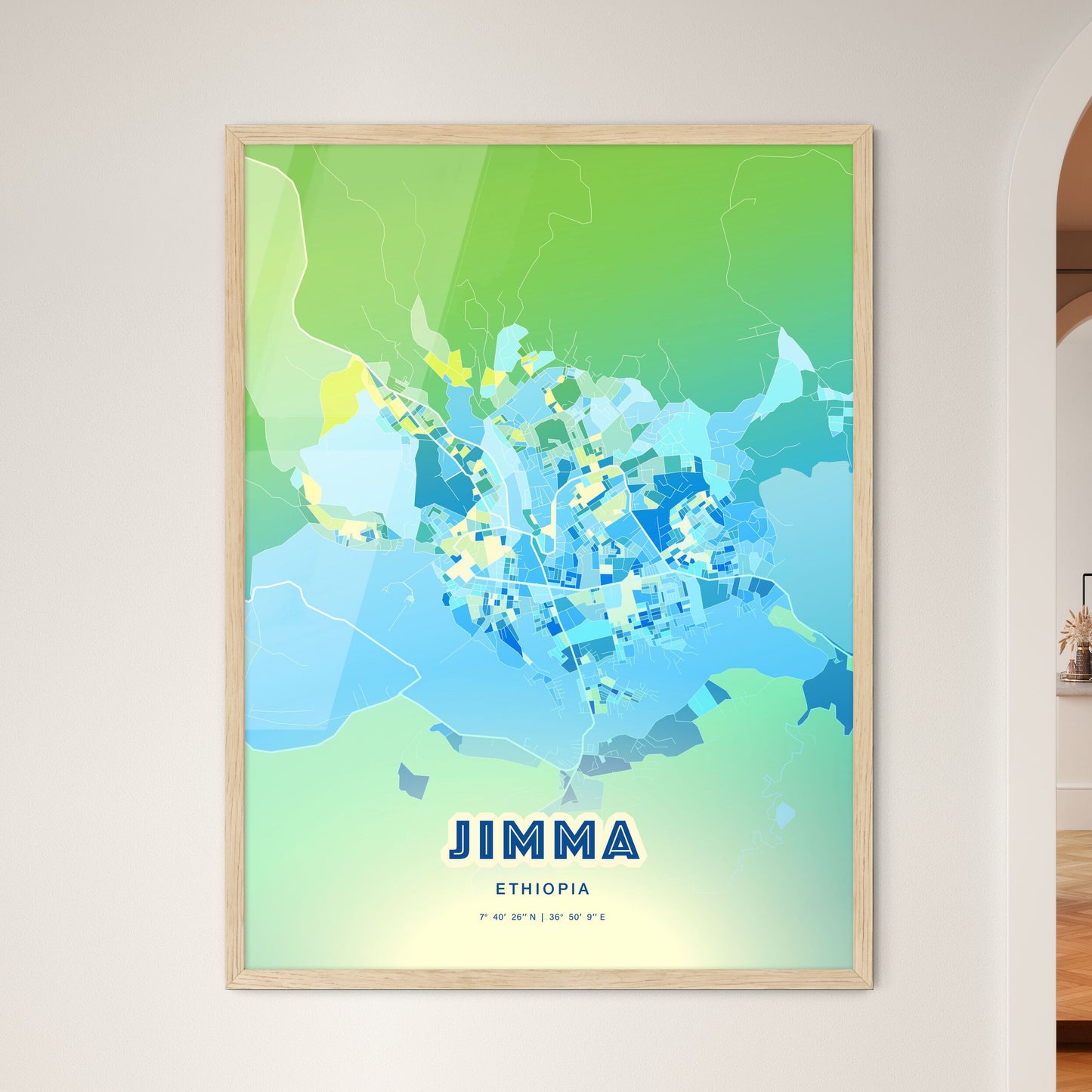 Colorful JIMMA ETHIOPIA Fine Art Map Cool Blue