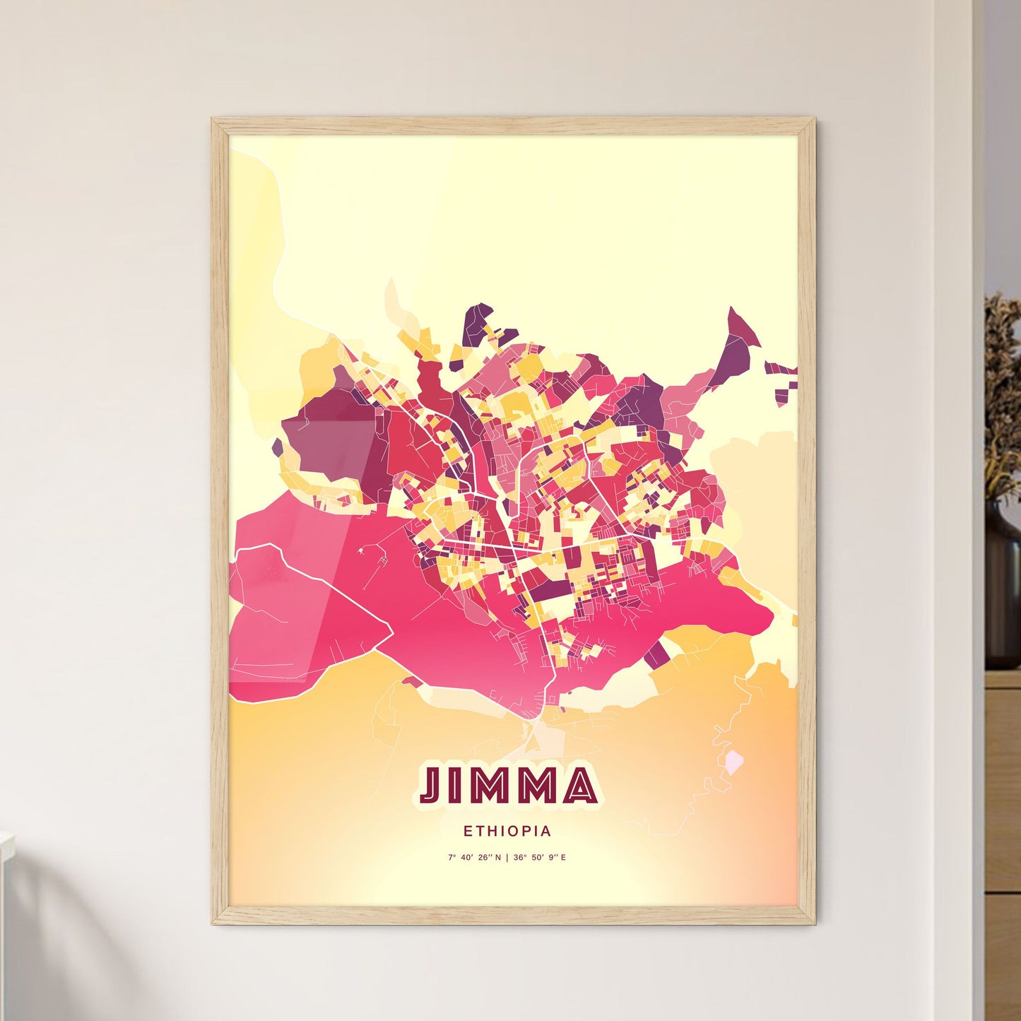 Colorful JIMMA ETHIOPIA Fine Art Map Hot Red