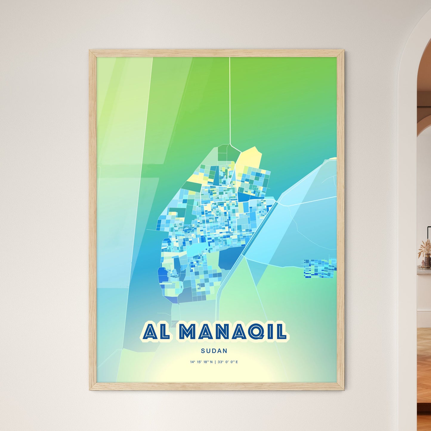 Colorful AL MANAQIL SUDAN Fine Art Map Cool Blue