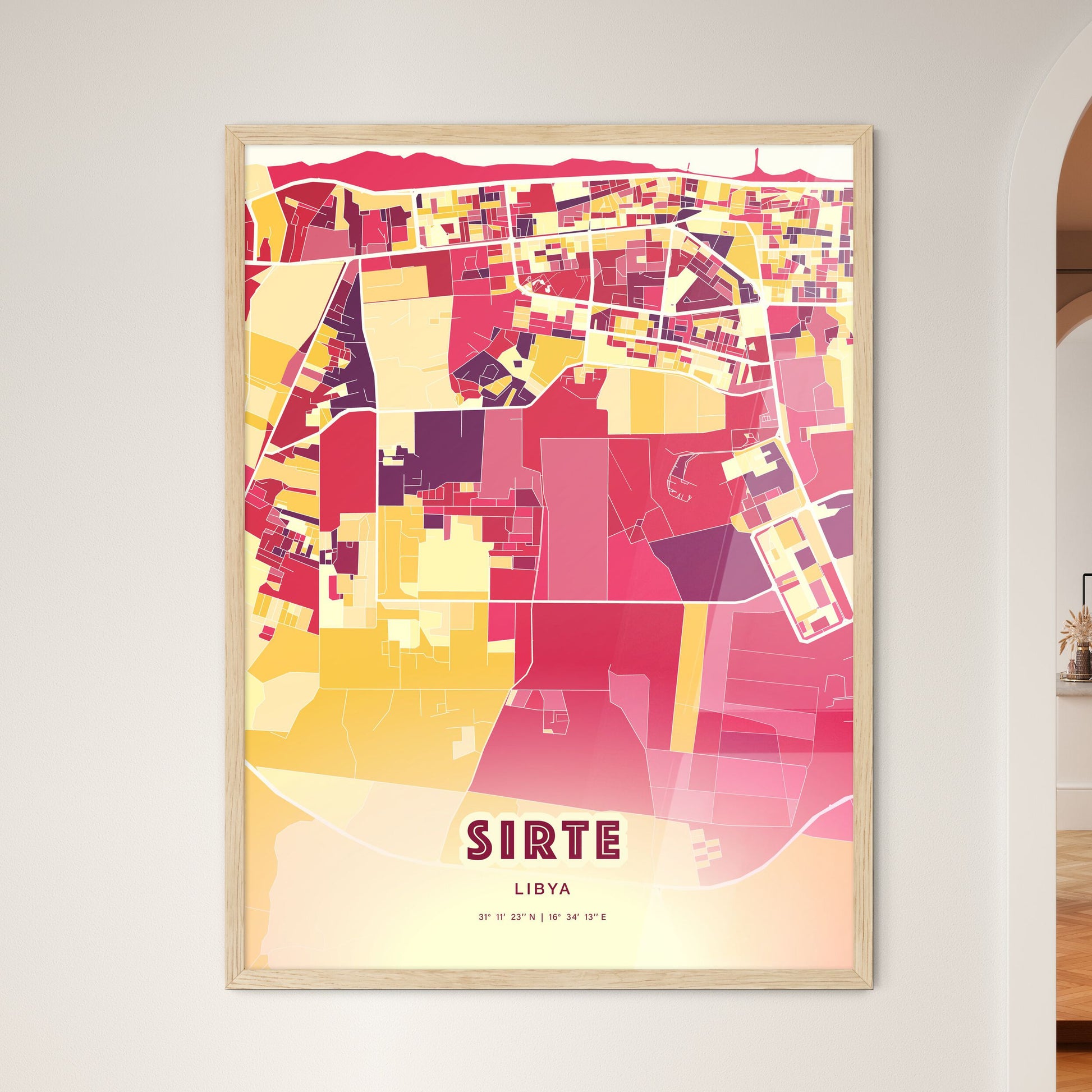 Colorful SIRTE LIBYA Fine Art Map Hot Red