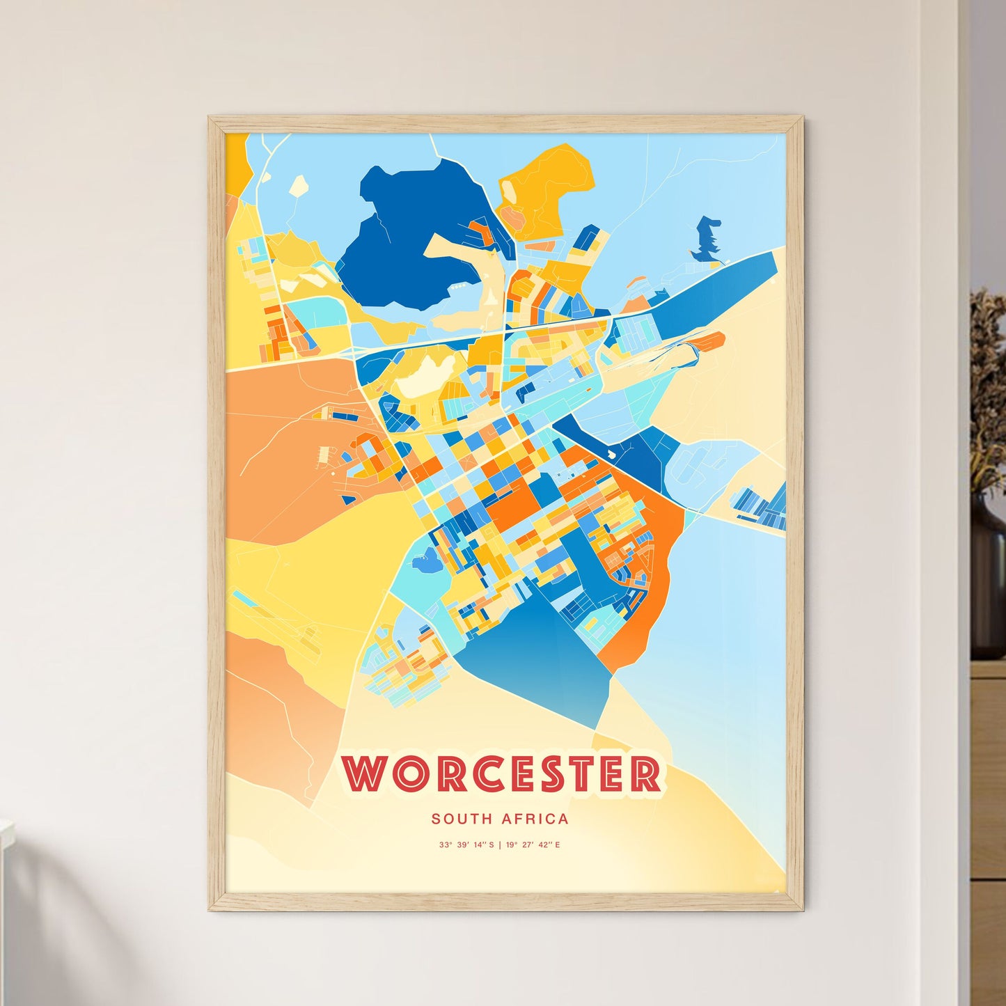 Colorful WORCESTER SOUTH AFRICA Fine Art Map Blue Orange