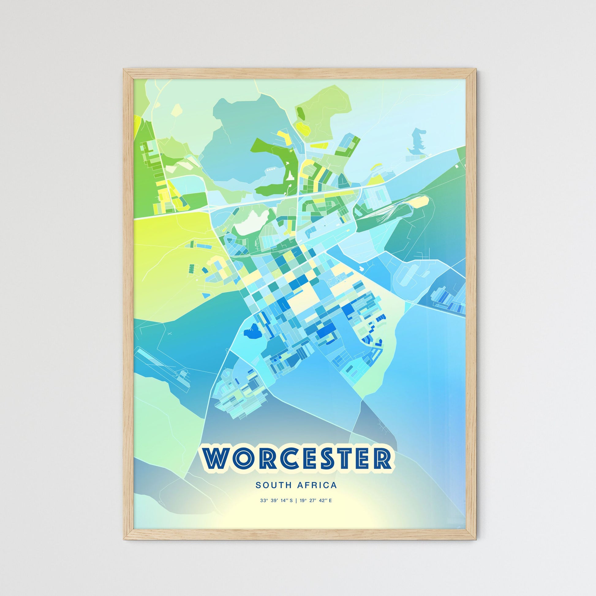 Colorful WORCESTER SOUTH AFRICA Fine Art Map Cool Blue