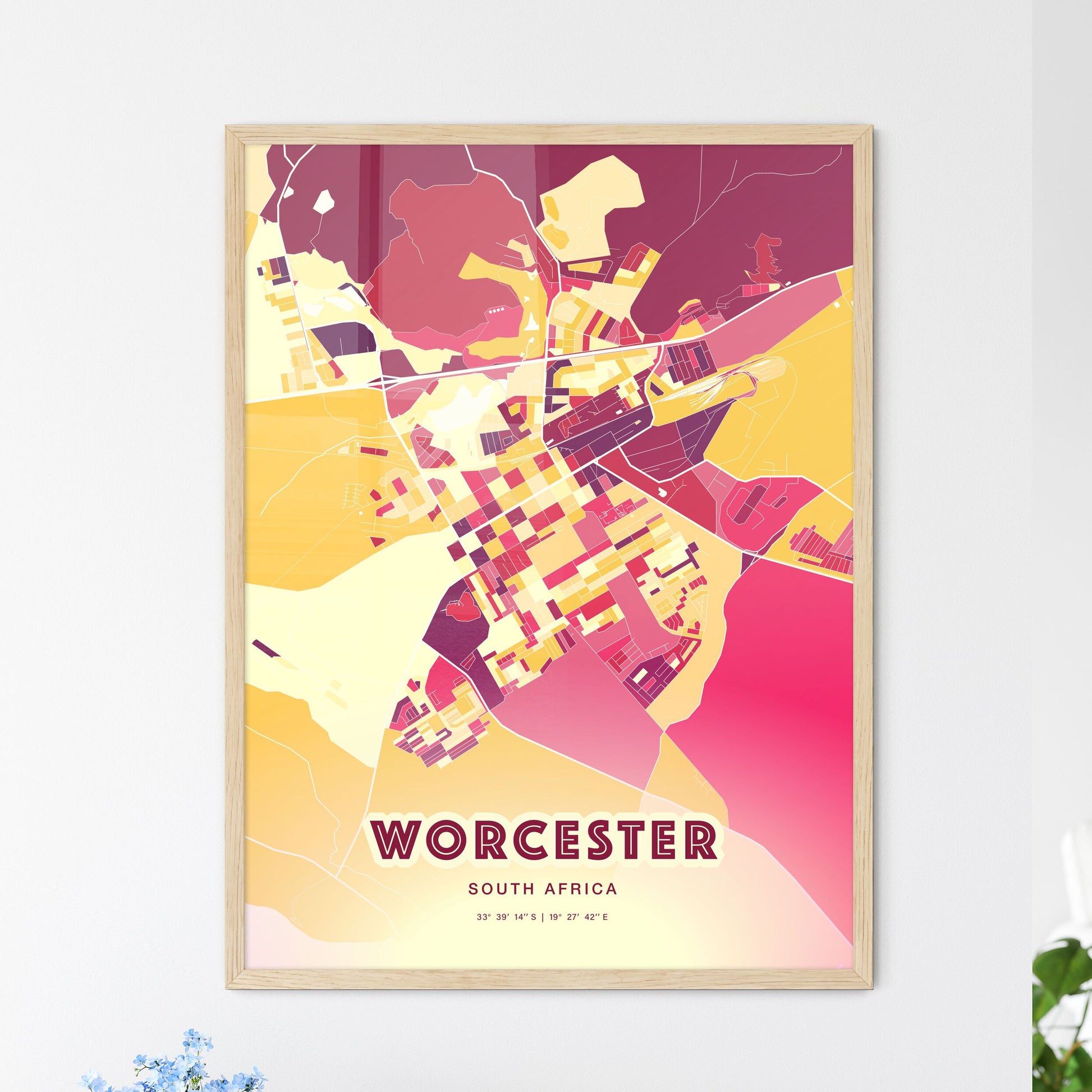 Colorful WORCESTER SOUTH AFRICA Fine Art Map Hot Red