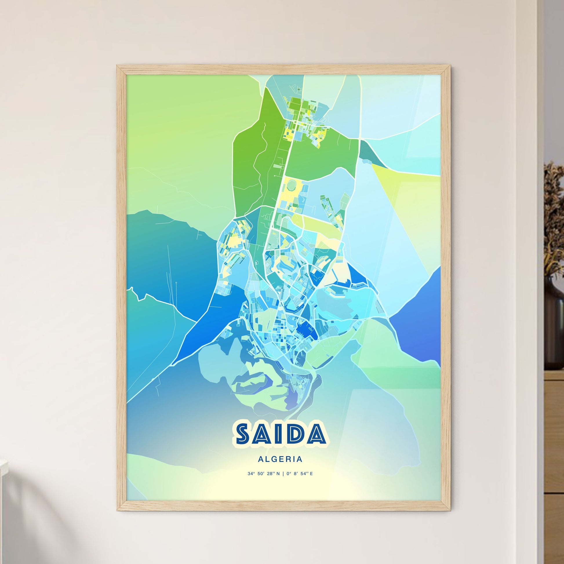 Colorful SAIDA ALGERIA Fine Art Map Cool Blue