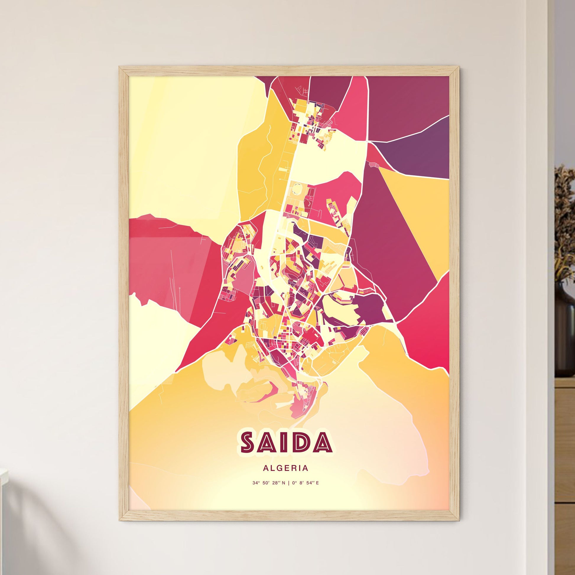 Colorful SAIDA ALGERIA Fine Art Map Hot Red