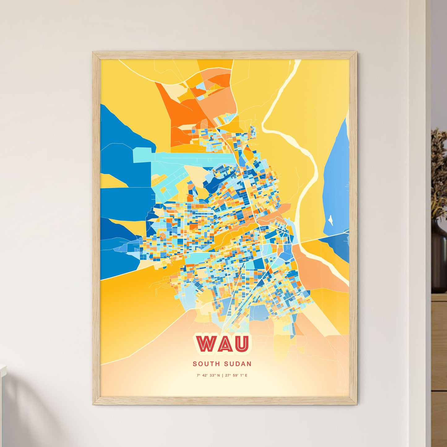 Colorful WAU SOUTH SUDAN Fine Art Map Blue Orange