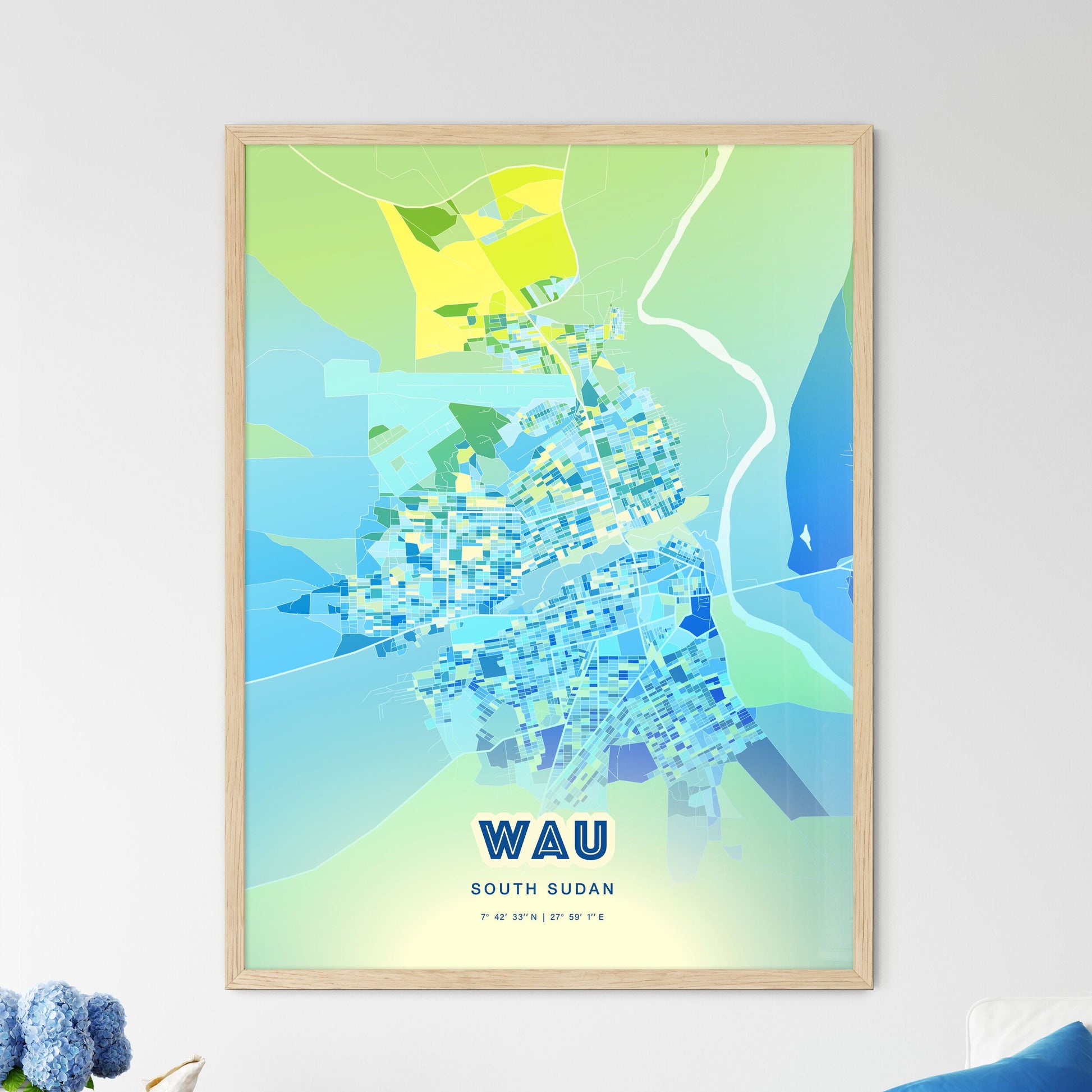 Colorful WAU SOUTH SUDAN Fine Art Map Cool Blue