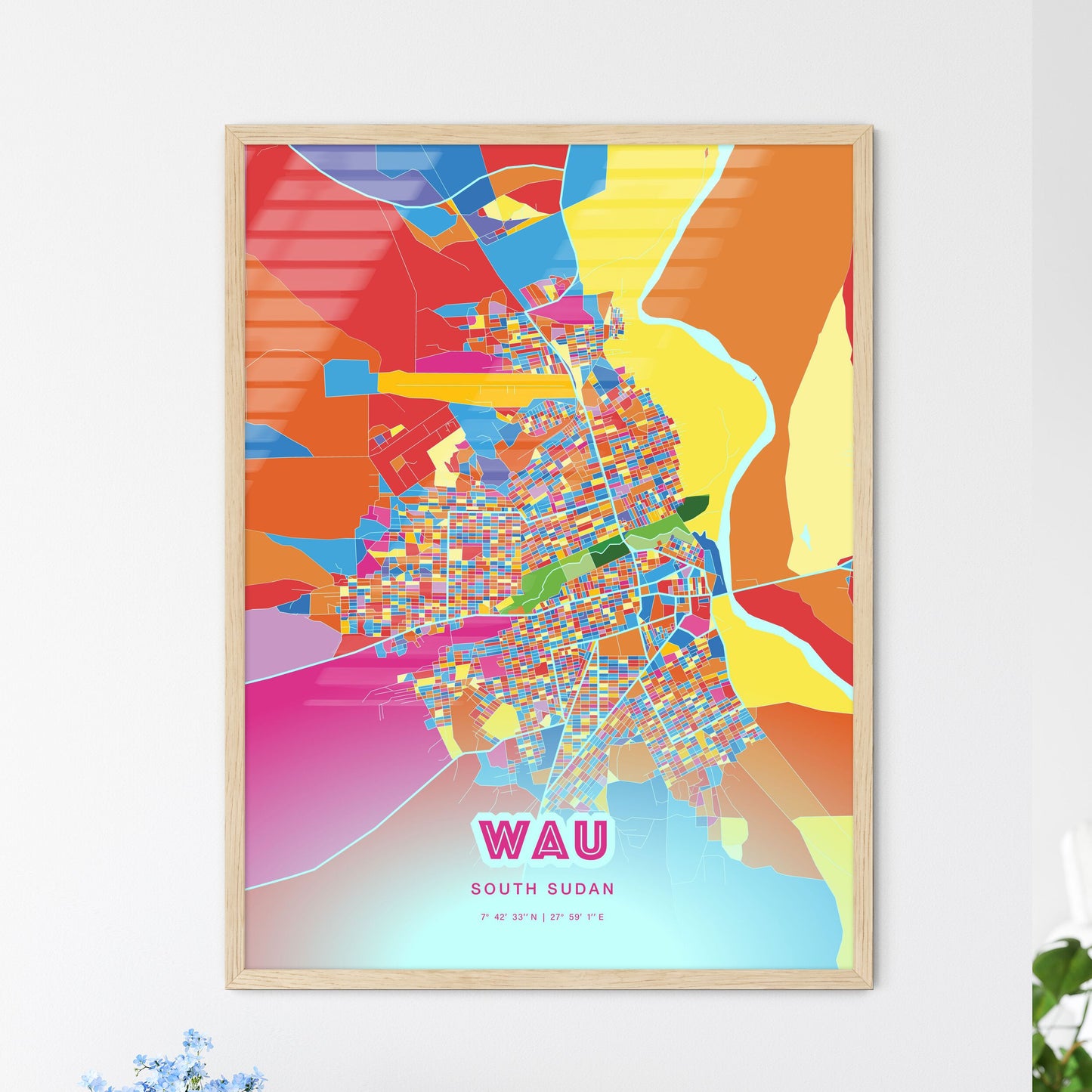 Colorful WAU SOUTH SUDAN Fine Art Map Crazy Colors