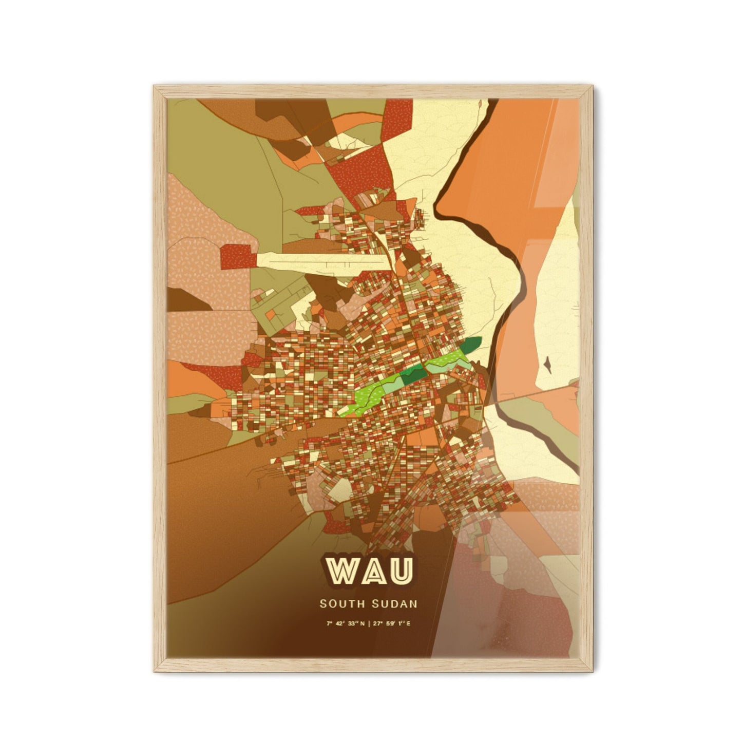 Colorful WAU SOUTH SUDAN Fine Art Map Farmhouse