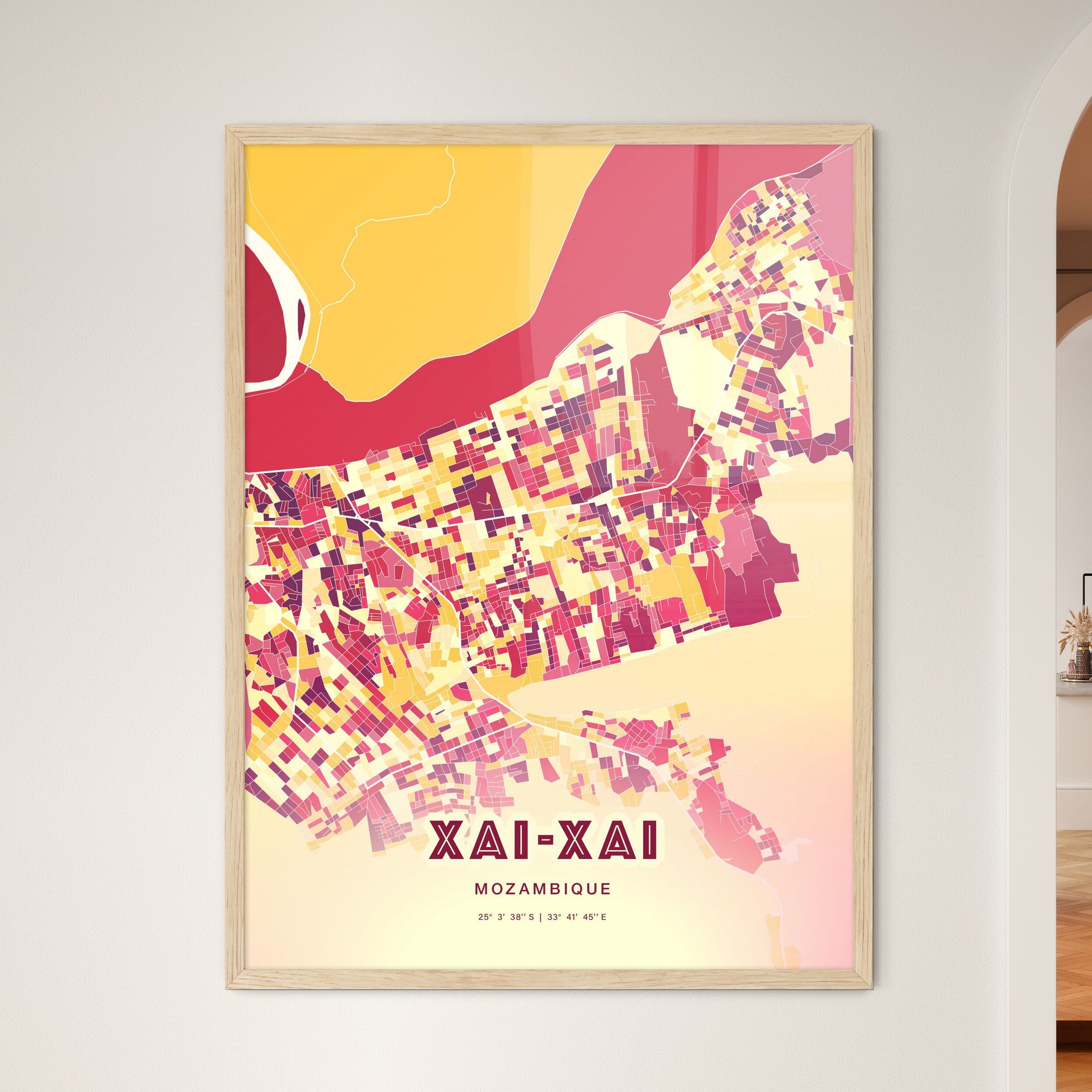 Colorful XAI-XAI MOZAMBIQUE Fine Art Map Hot Red