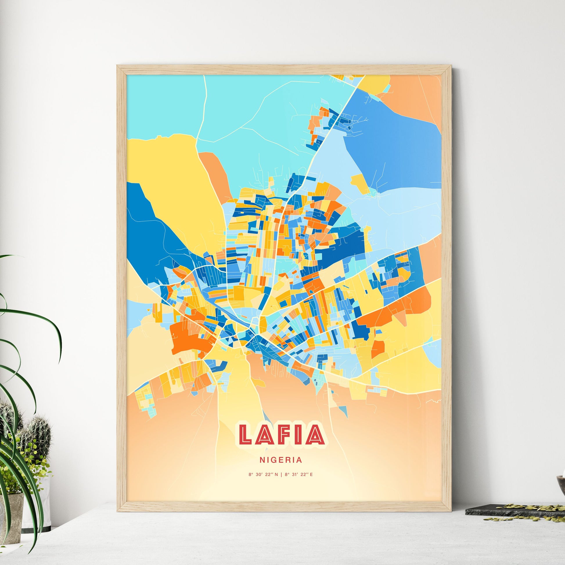 Colorful LAFIA NIGERIA Fine Art Map Blue Orange