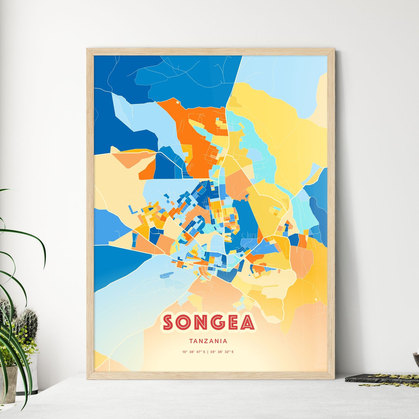 Colorful SONGEA TANZANIA Fine Art Map Blue Orange