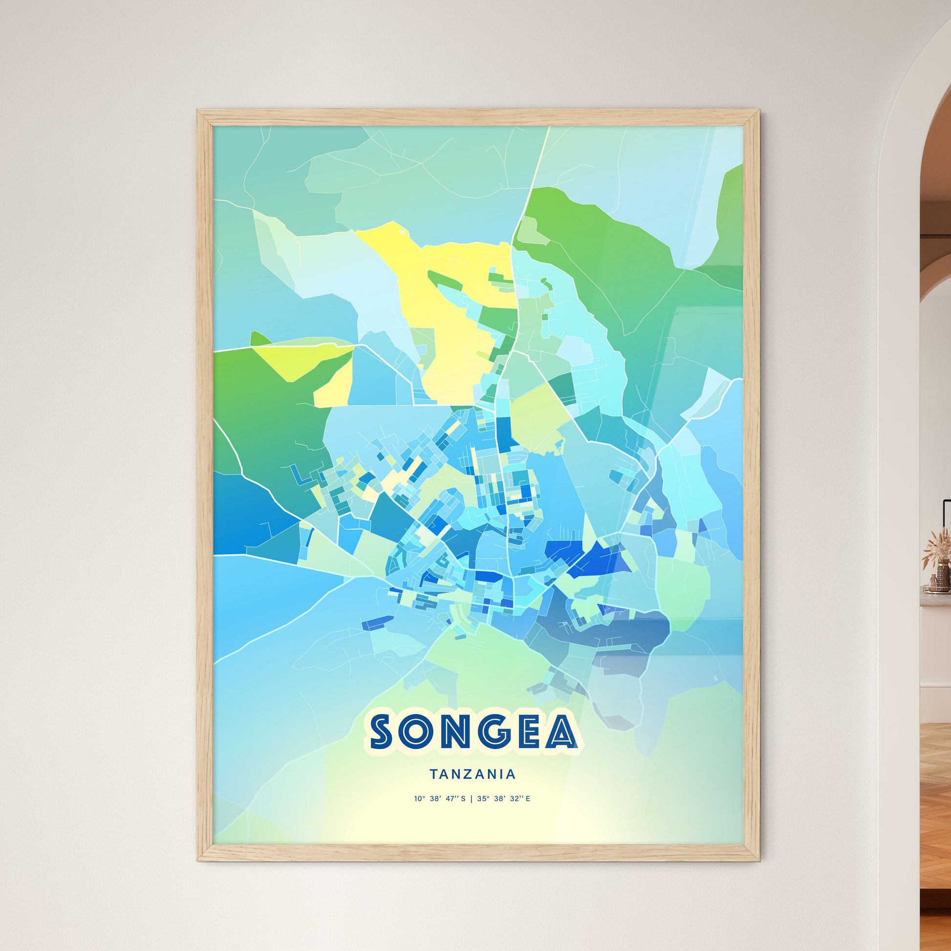 Colorful SONGEA TANZANIA Fine Art Map Cool Blue