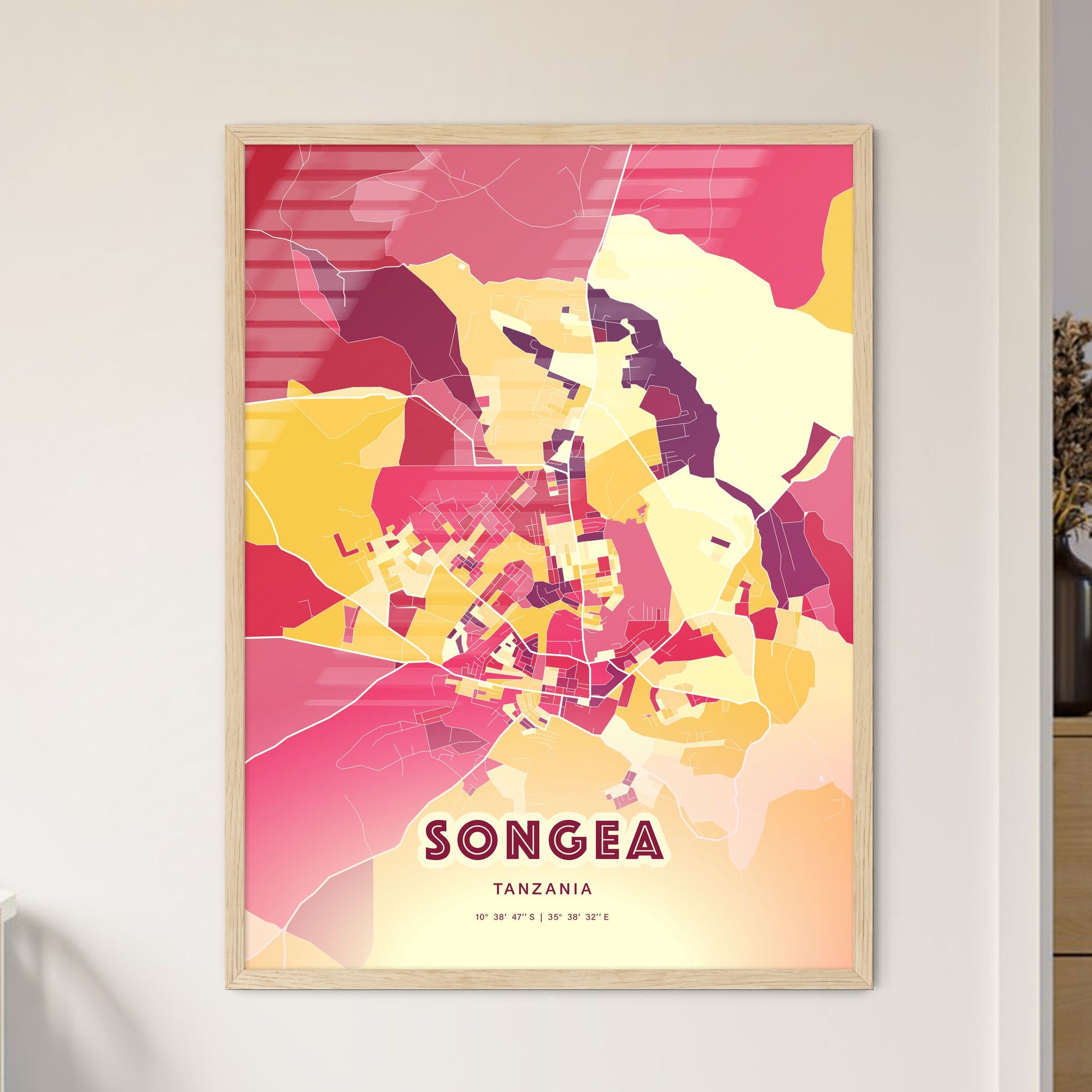 Colorful SONGEA TANZANIA Fine Art Map Hot Red